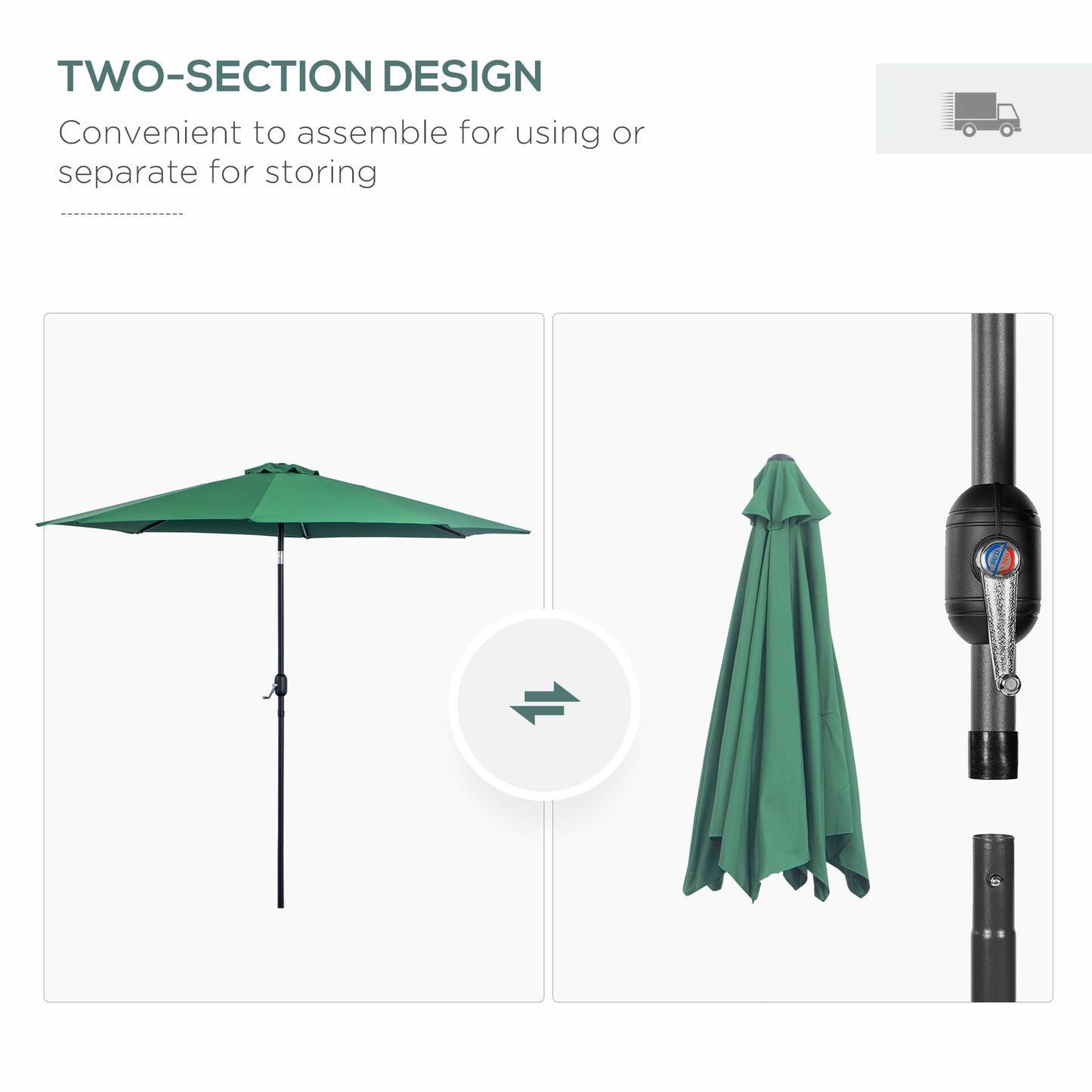 3(m) Tilting Parasol Garden Umbrellas, Outdoor Sun Shade with 8 Ribs