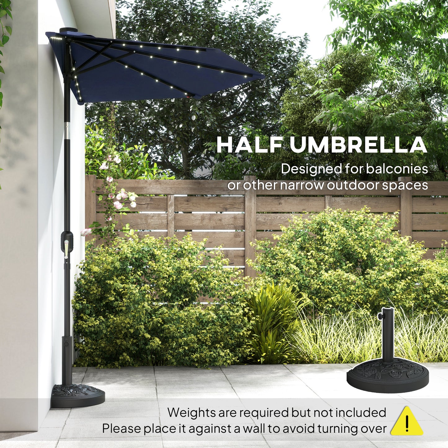 2.6 m Half Garden Parasol with Solar LED Lights