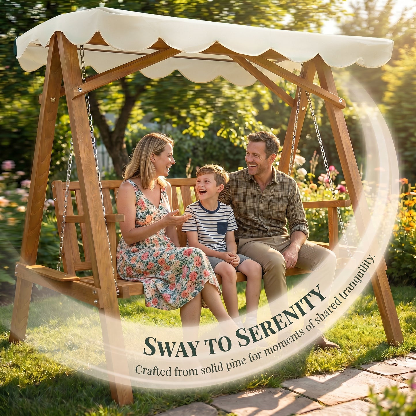 3 Seater Garden Swing Seat with Canopy, Wooden Swing Chair