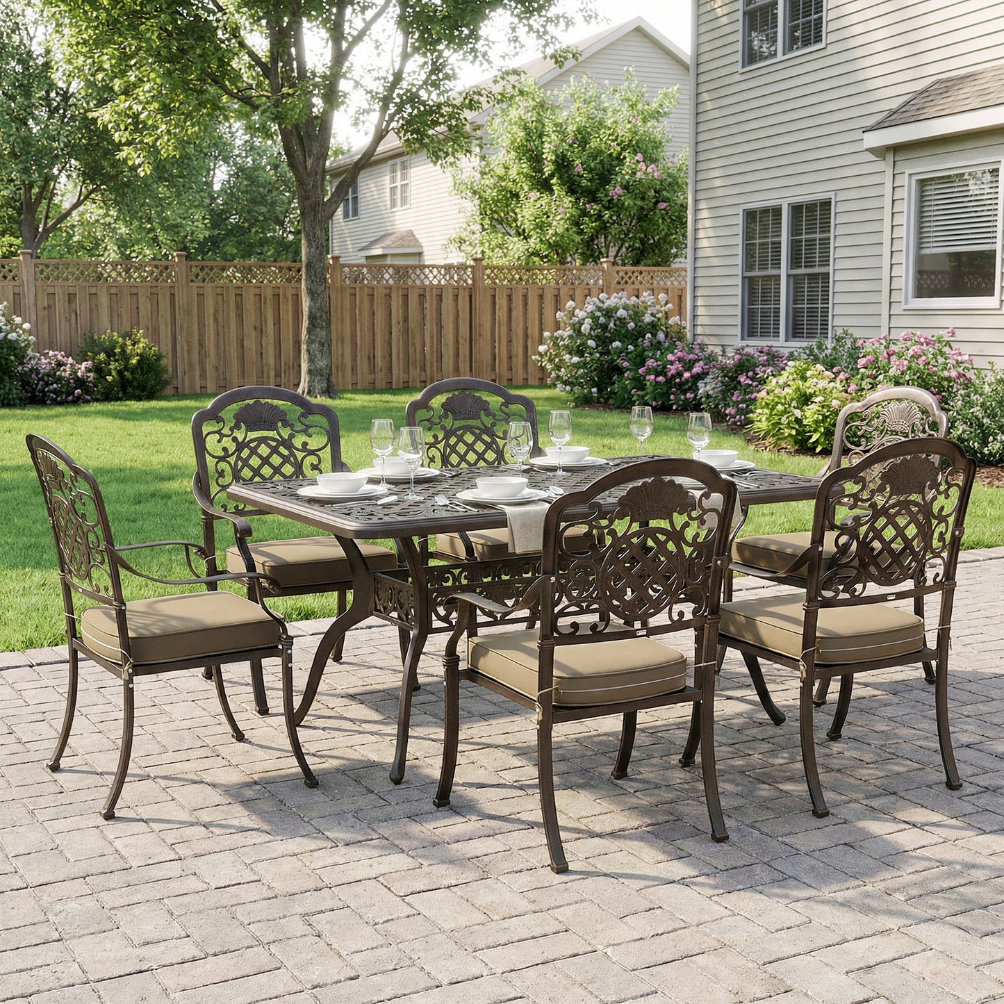 Garden Dining Set for 6, Cast Aluminium Outdoor Table and Chairs Set