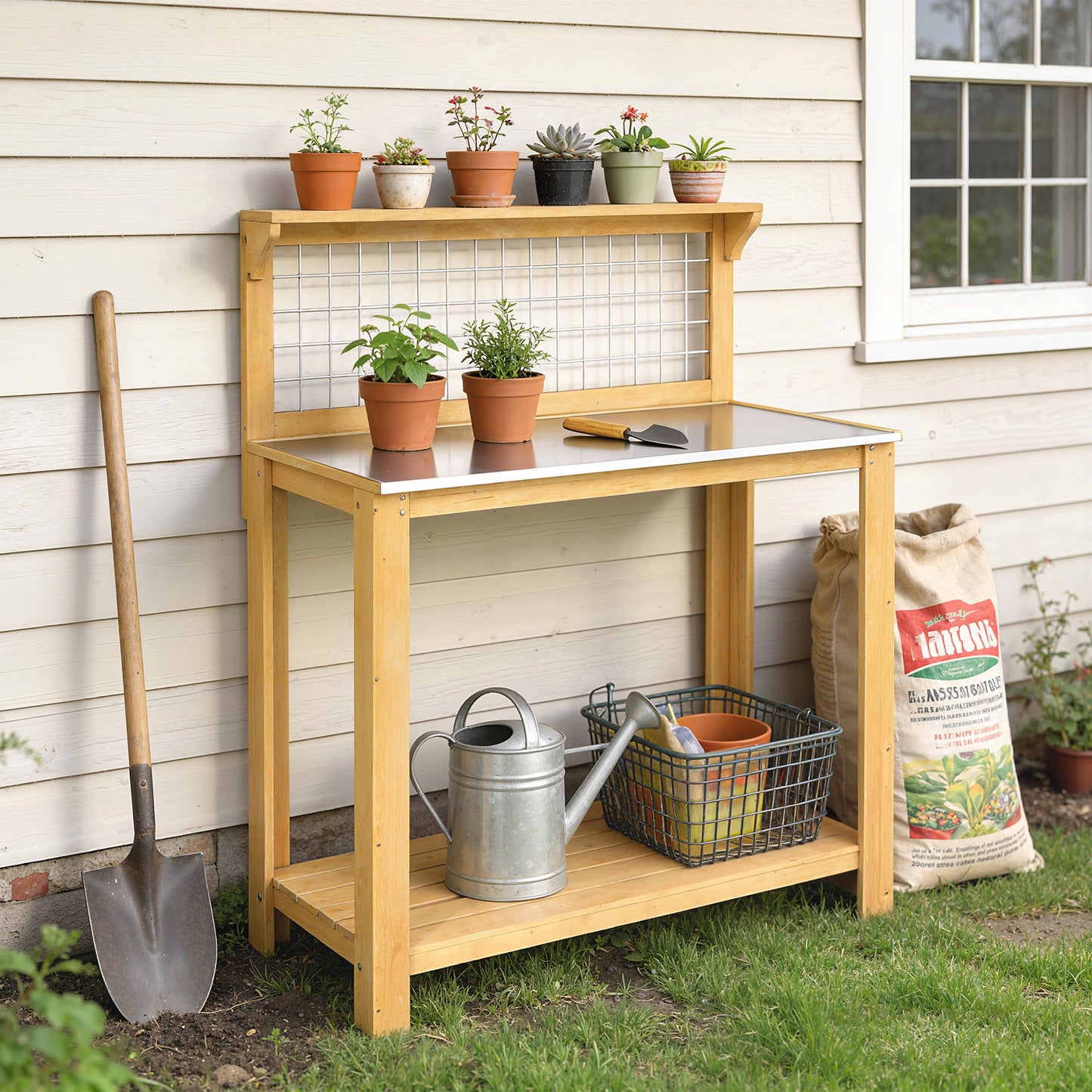 Wooden Potting Bench Table with Aluminium Worktop (1)