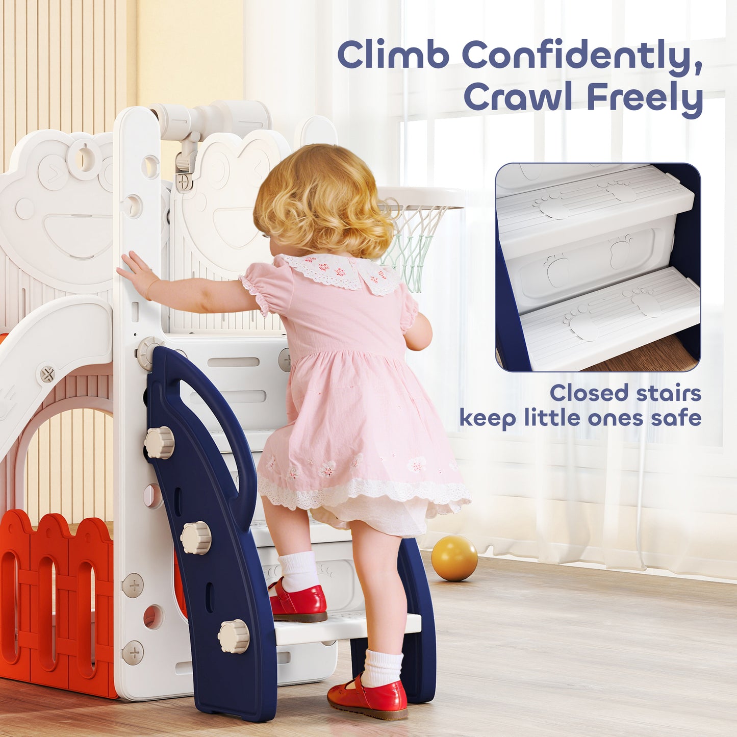 5 in 1 Kids Slide Set with Basketball Hoop, Climbing Frame