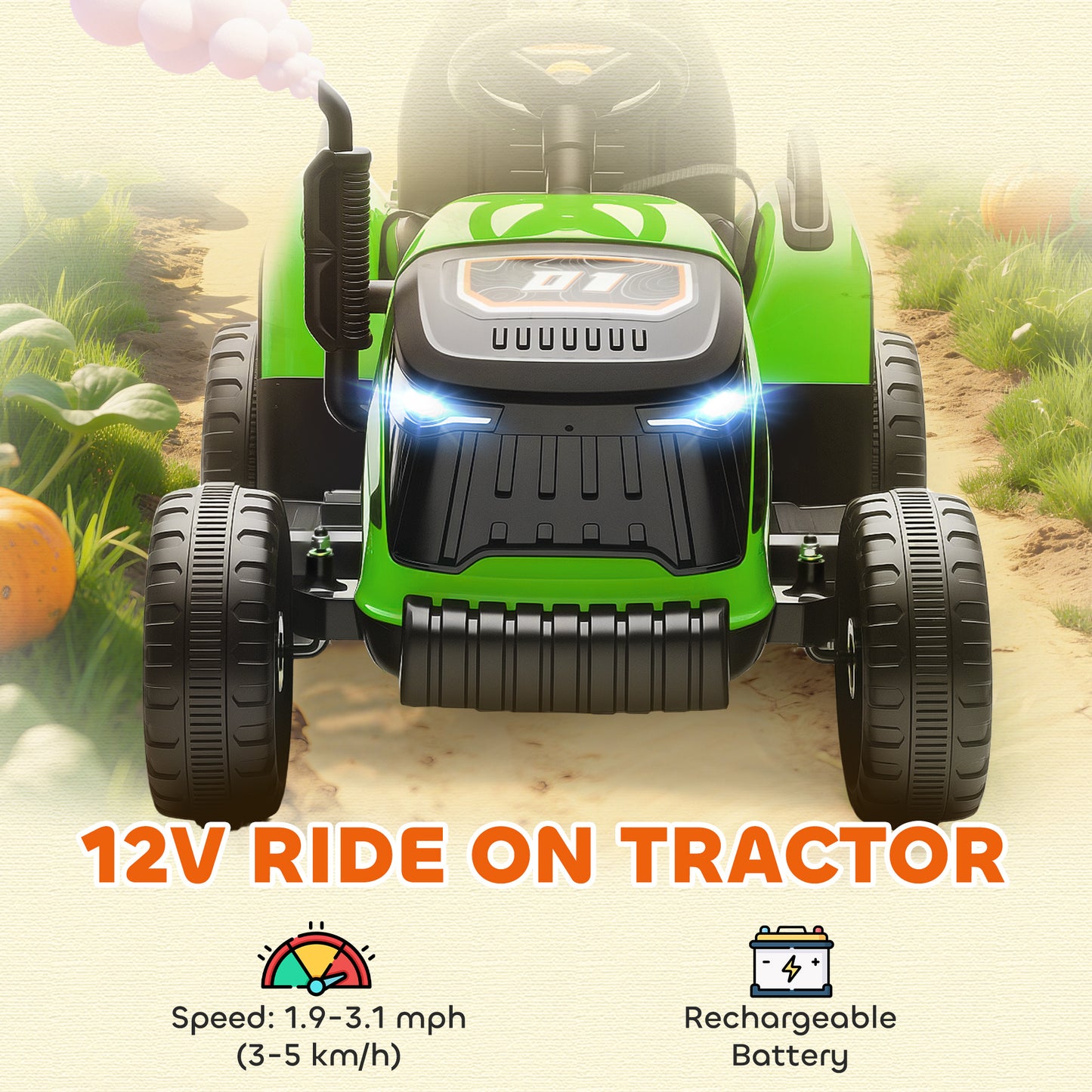 12V Ride on Tractor and Trailer with Remote Control, Music, Shifter