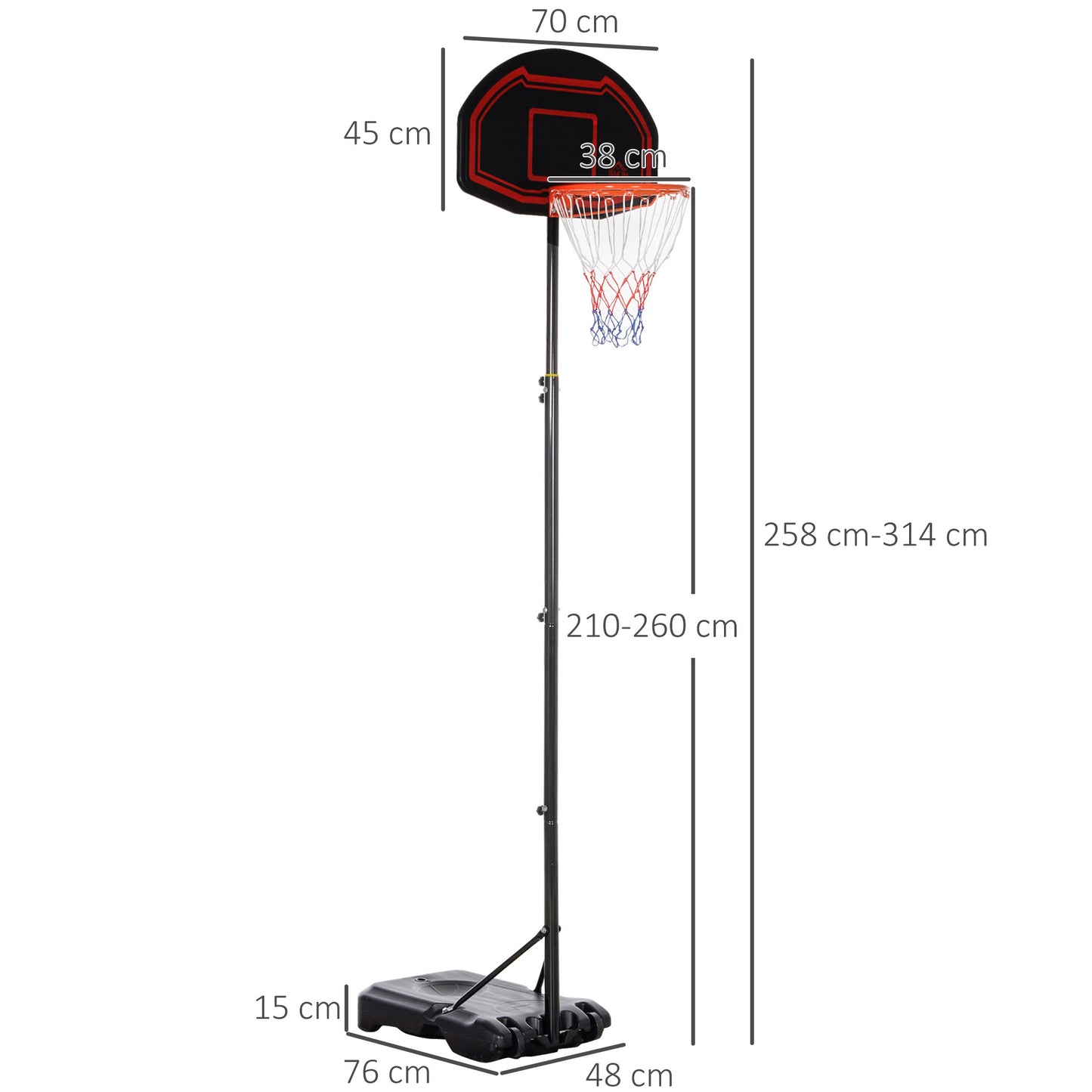 Basketball Hoop Stand Portable Adjustable Height 2.1-2.6m w/ Wheels