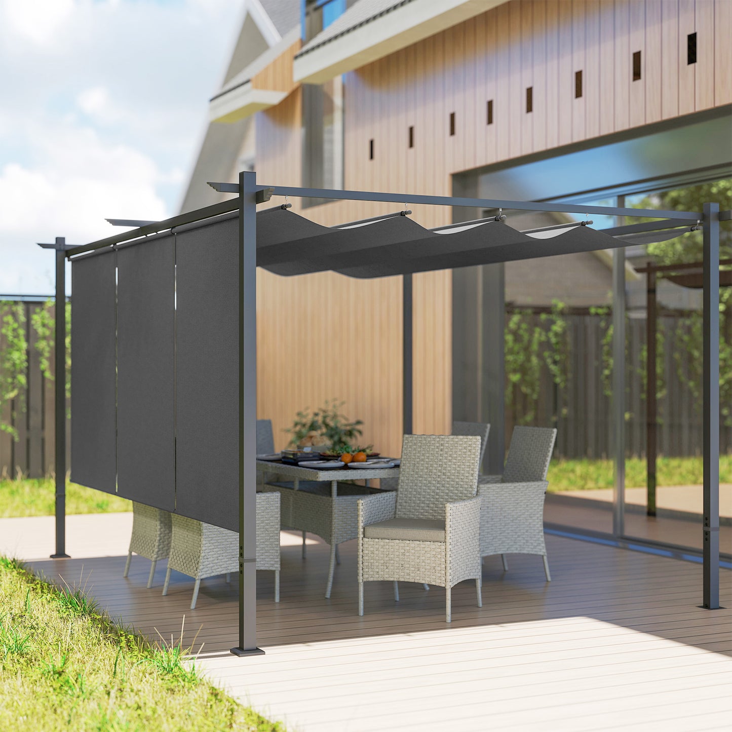 3 x 4m Metal Pergola with Retractable Roof and Roller Shade