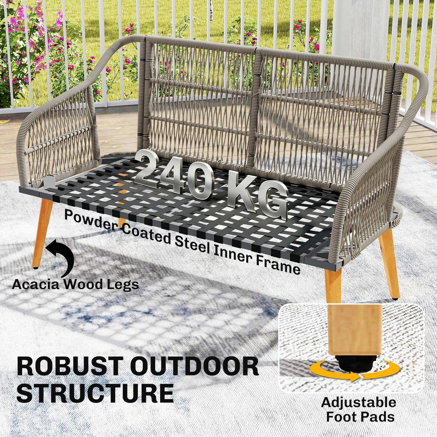 4 Piece Rattan Garden Furniture Set with Loveseat, Armchairs