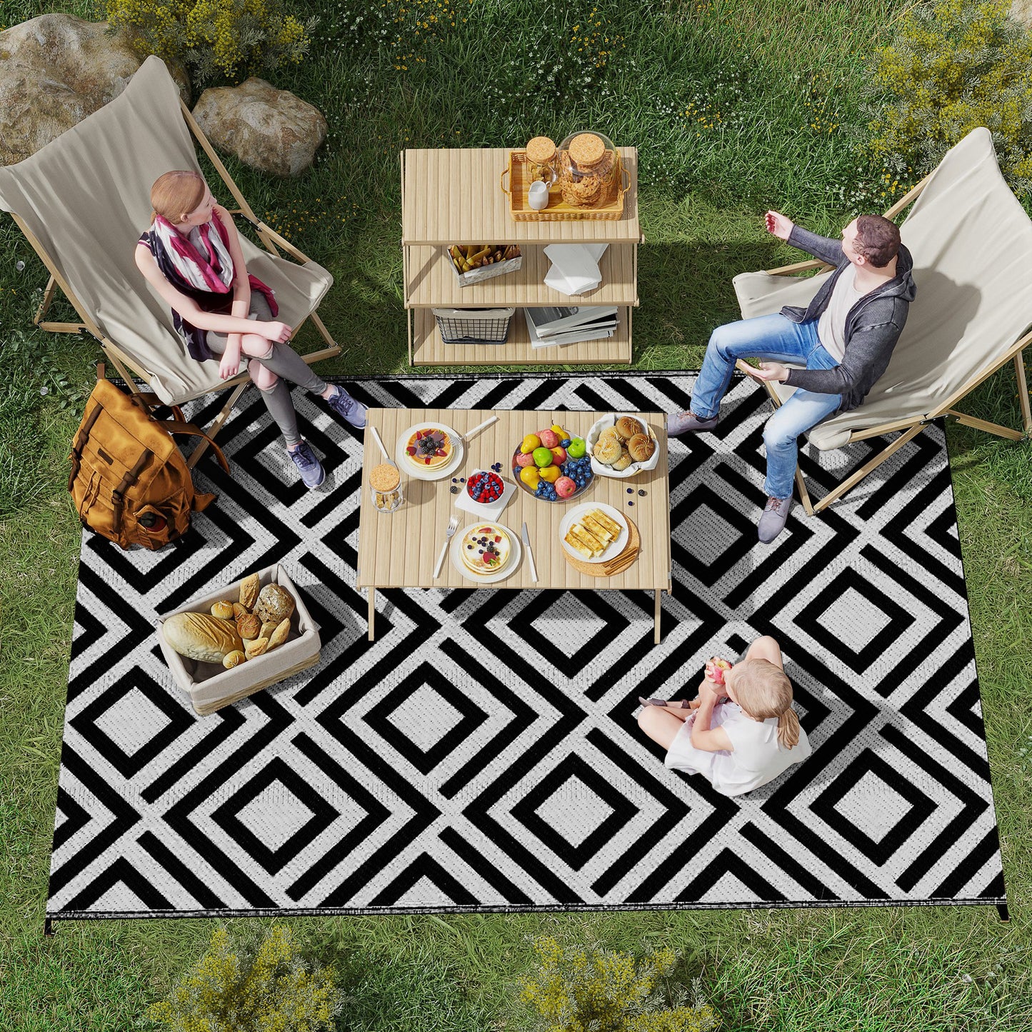 Reversible Outdoor Rug, Plastic Straw Mat w/ Carry Bag Ground Stakes