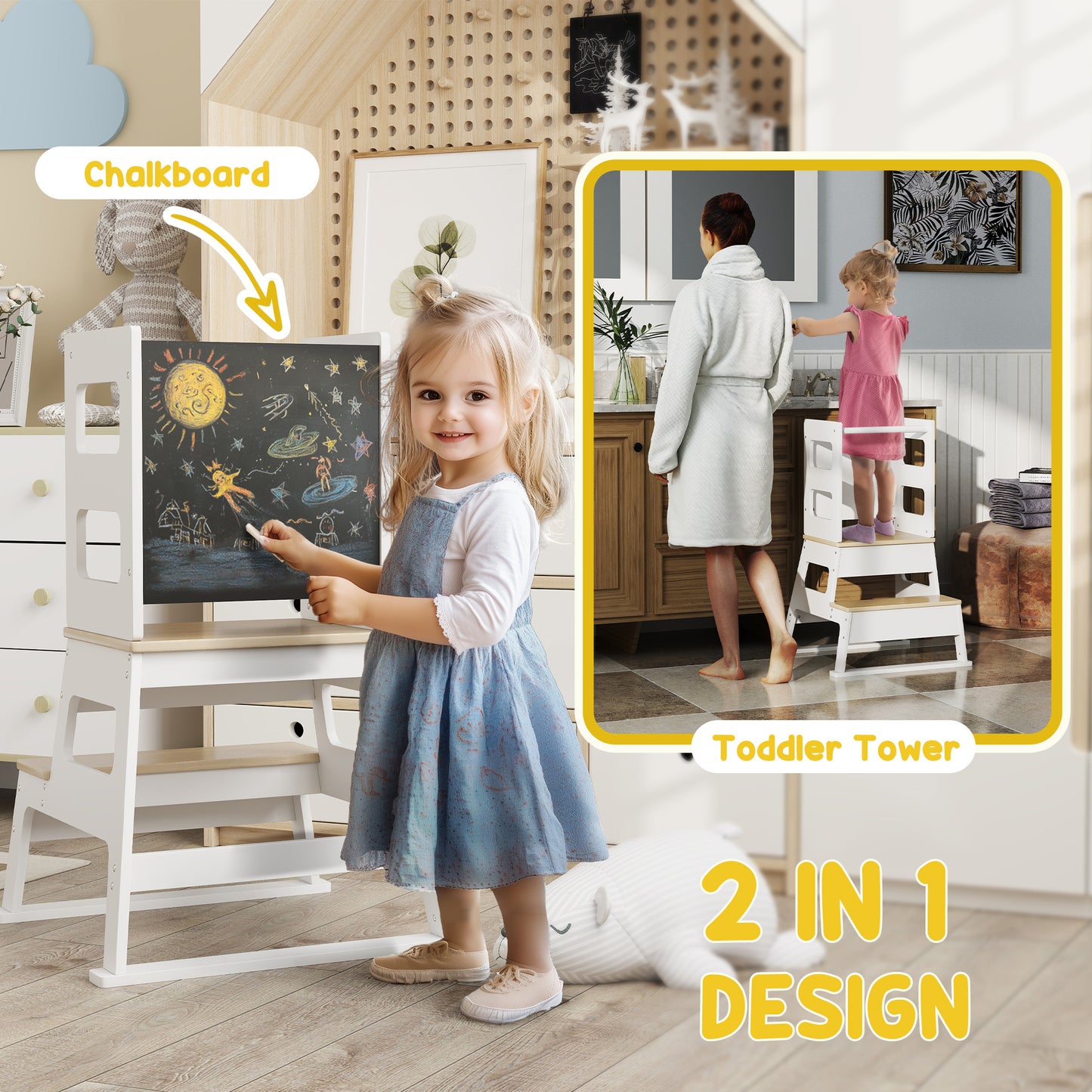 2-in-1 Toddler Tower with Chalkboard, Safety Rail for Kitchen
