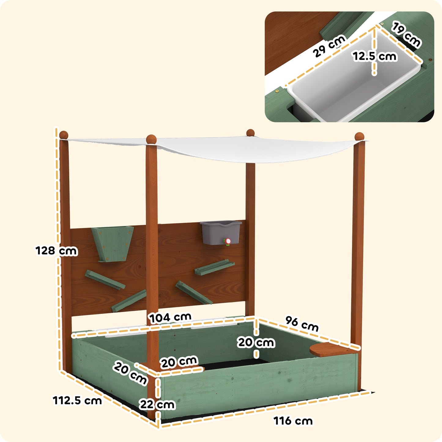 Wood Sandpit with Canopy, Storage Bins, Funnel, Liner, Chutes