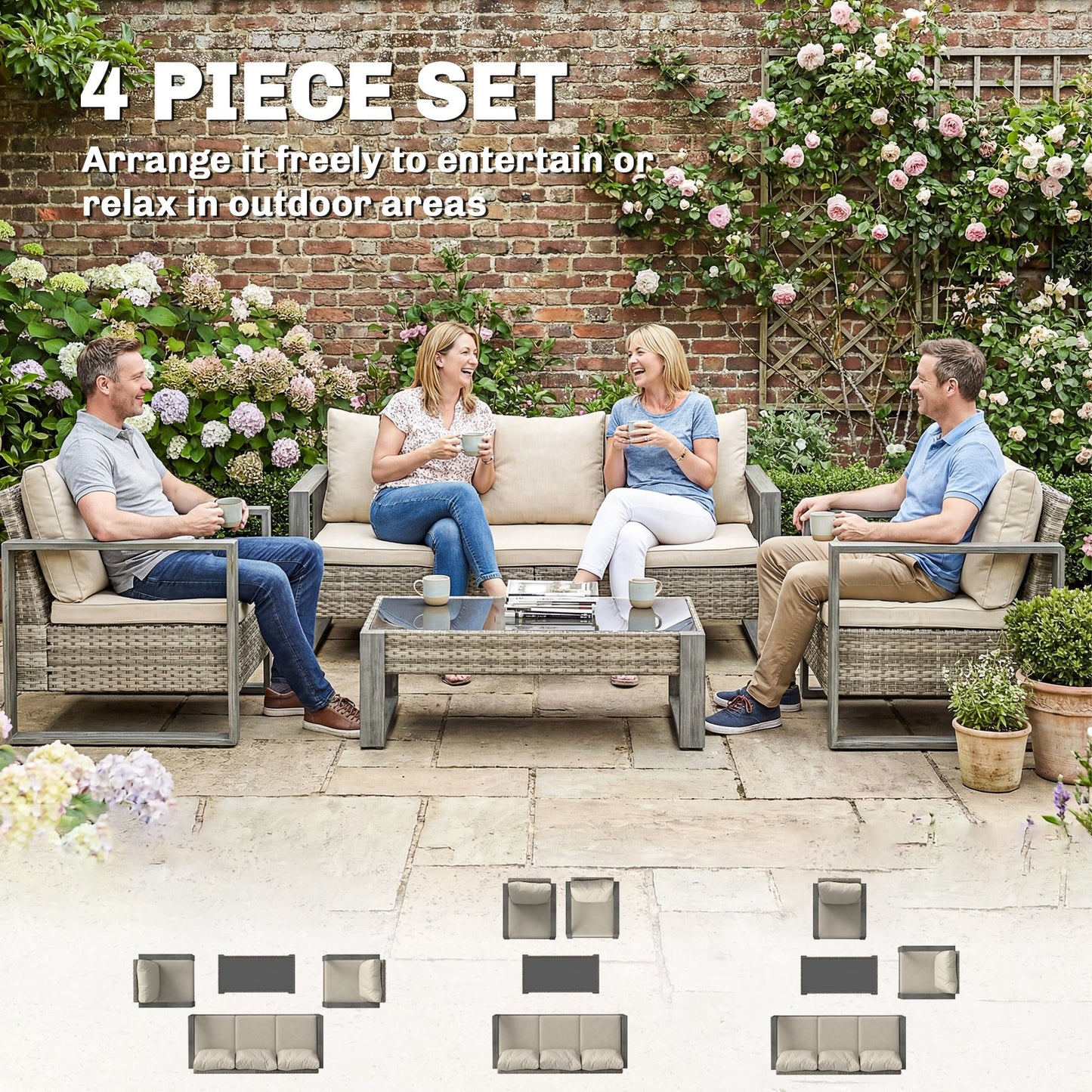 Rattan Garden Set, 4 Piece Rattan Garden Furniture Set