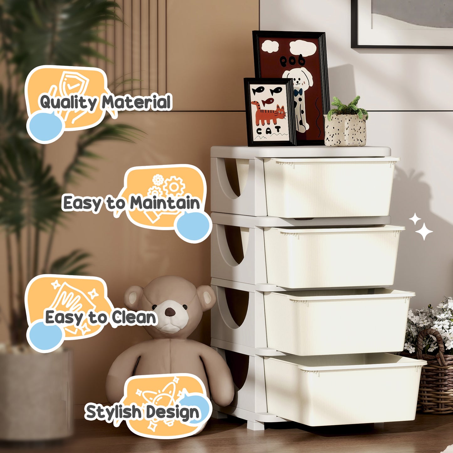Four-Tier Kids Storage Boxes, with Four Drawers