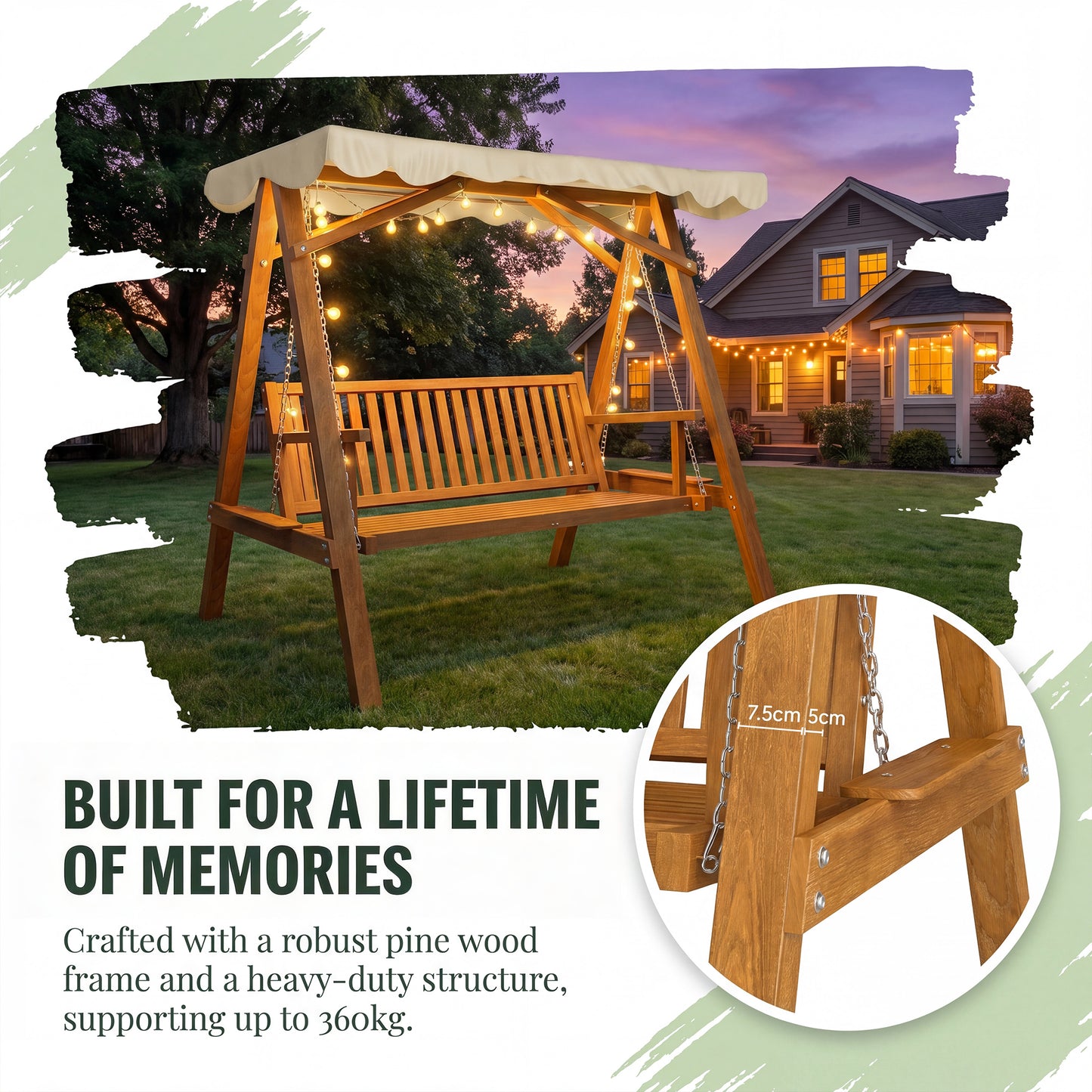 3 Seater Garden Swing Seat with Canopy, Wooden Swing Chair