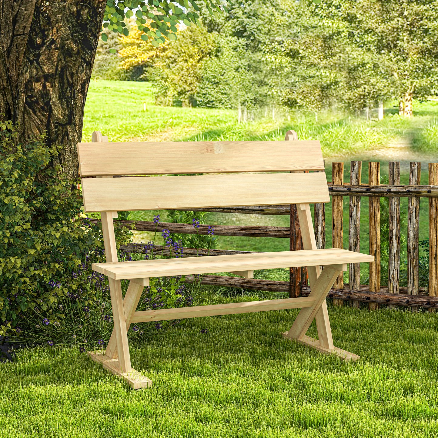 2 Seater Wooden Garden Bench, Fir Wood Outdoor Bench