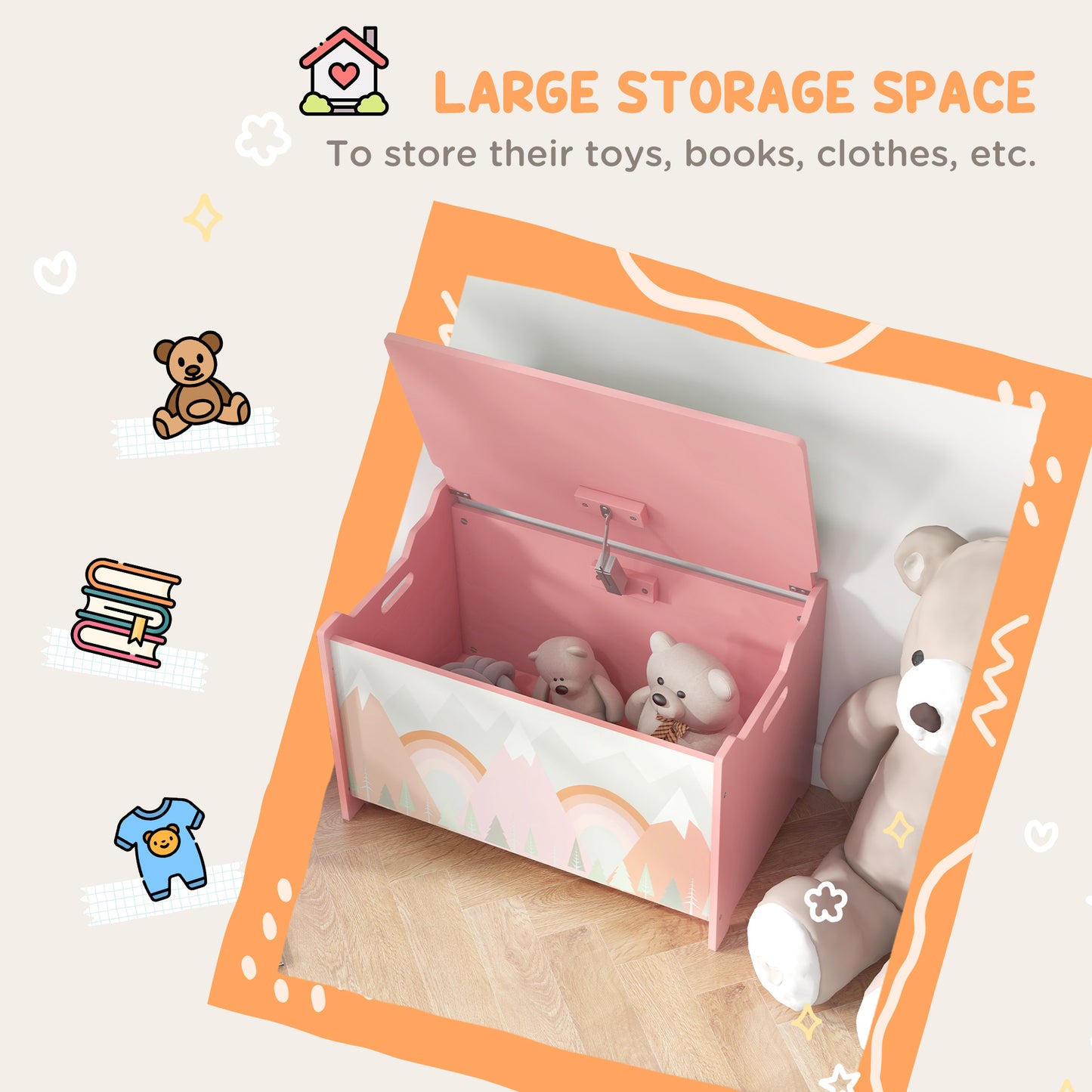 Toy Box, Kids Storage Chest, with Lid, Safety Hinge