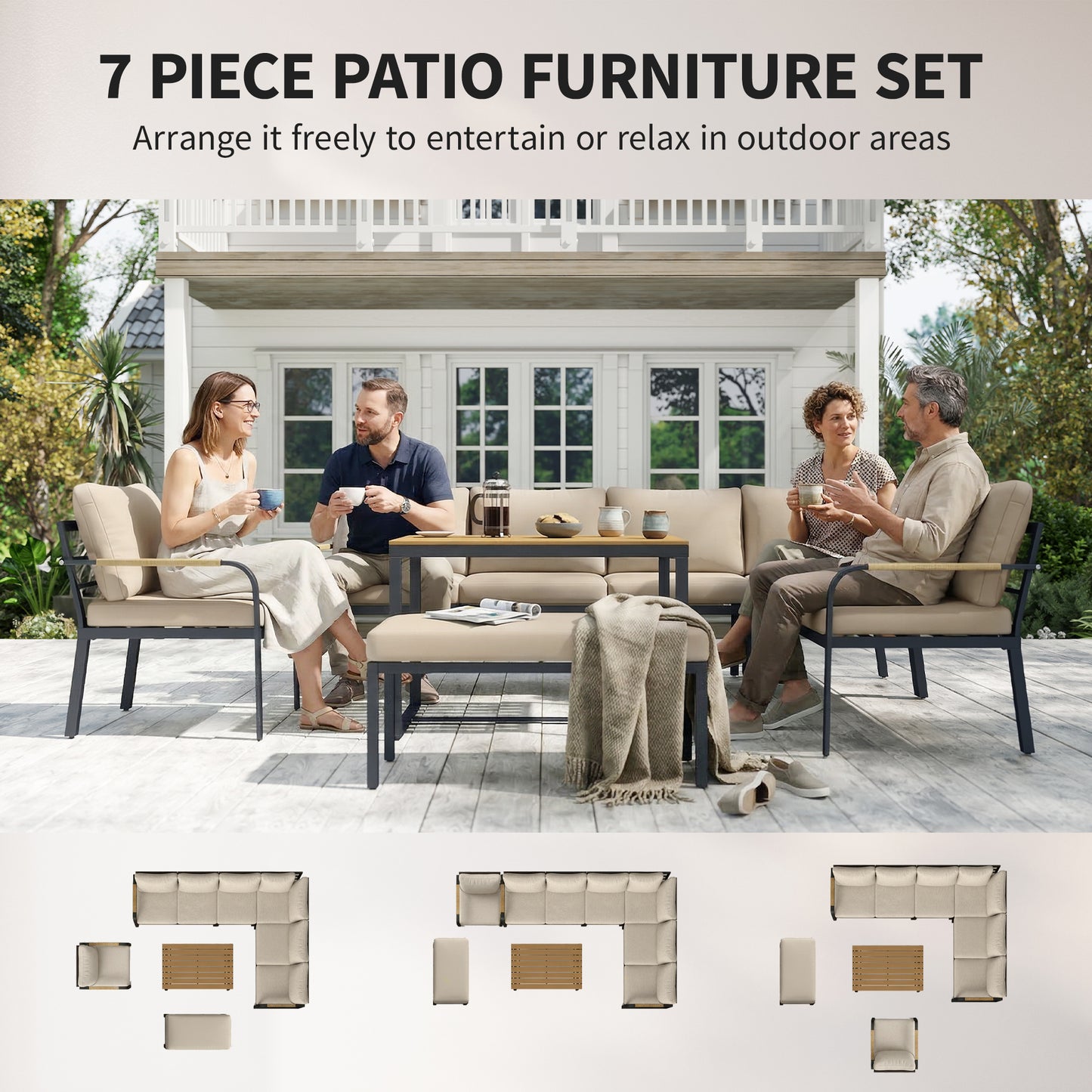 7 Seater Garden Furniture Set, Metal Garden Sofa Set with Cushions