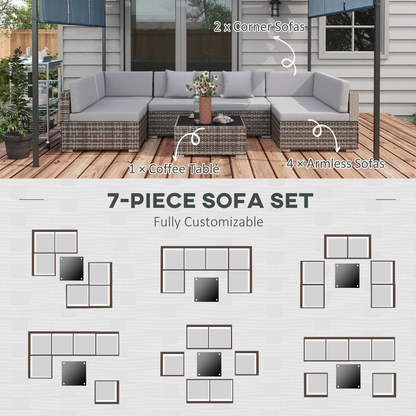 Seven-Piece Rattan Garden Set, with Glass-Top Table