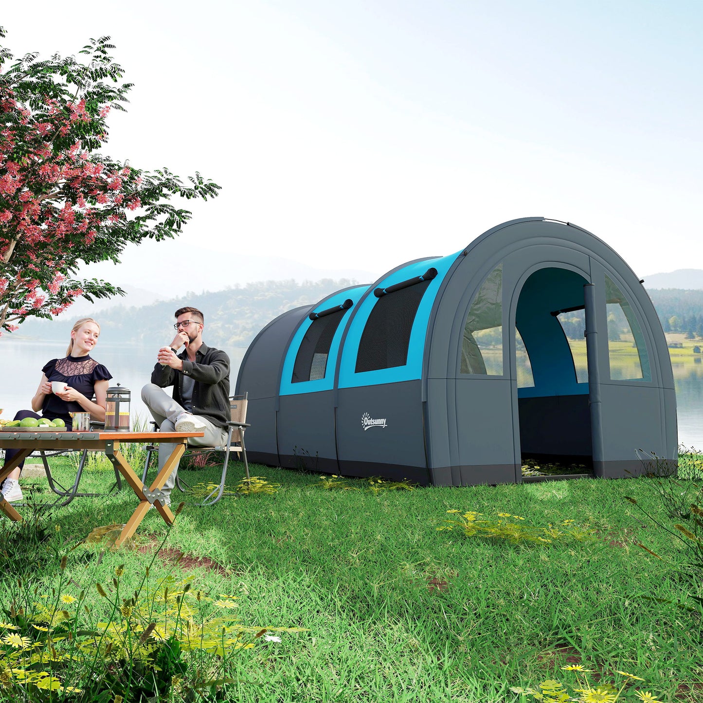 Six Man Duo Room Tunnel Tent, with Accessories - Grey/Blue