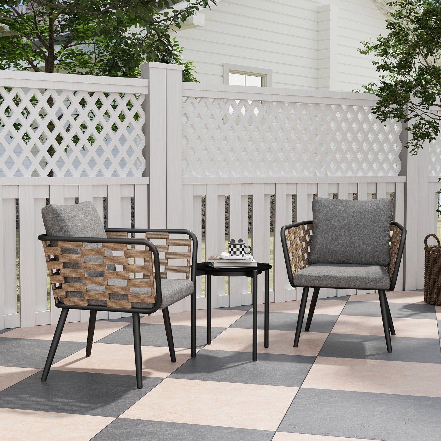 3 Pieces Rattan Bistro Set with Washable Seat and Back Cushions