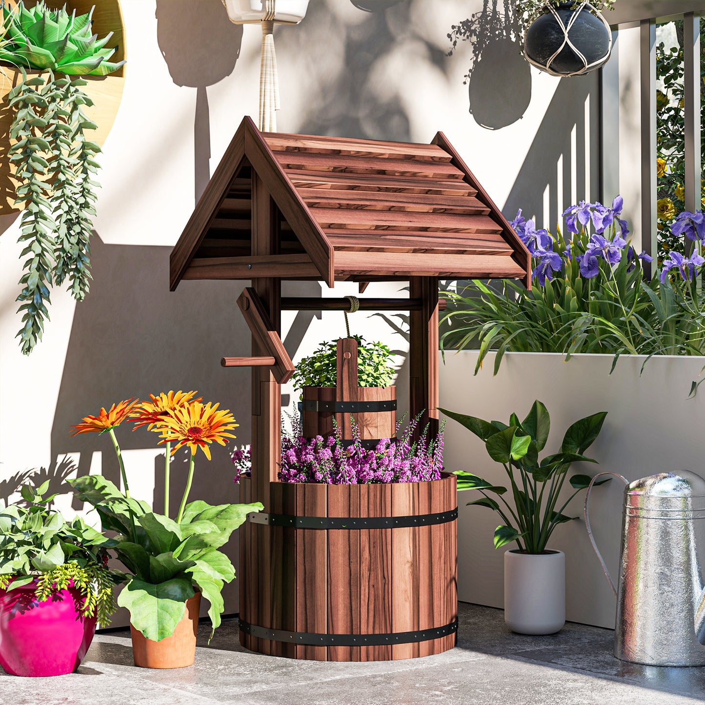 Wood Wishing Well for Outside with Hanging Bucket