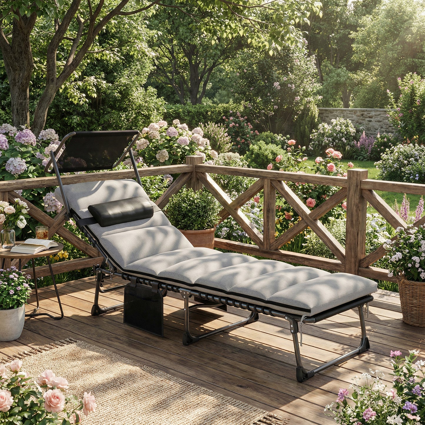 Folding Sun Lounger with Canopy, Reclining Sunbed with Cushion