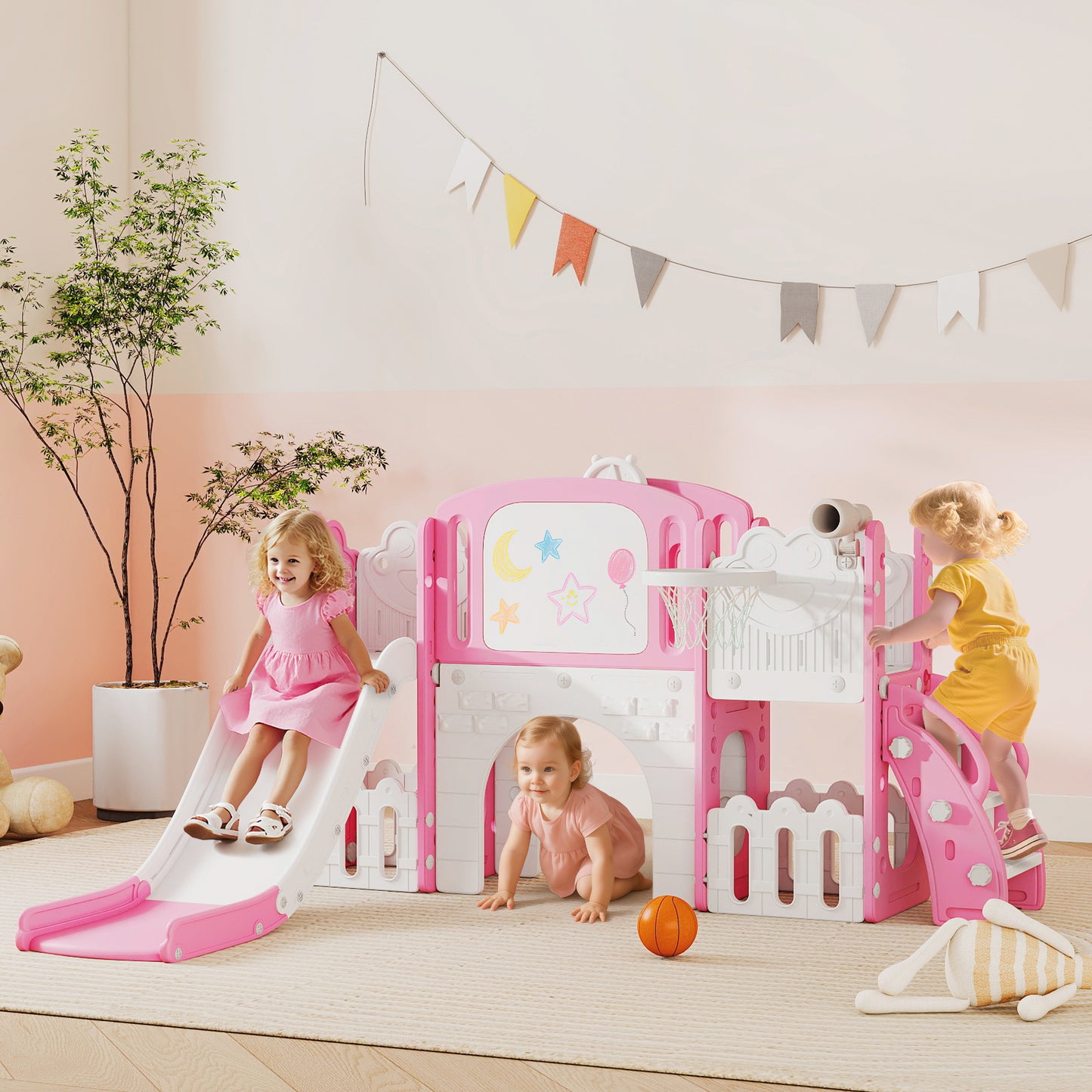 7 in 1 Toddler Slide Set with Basketball Hoop, Climbing Frame