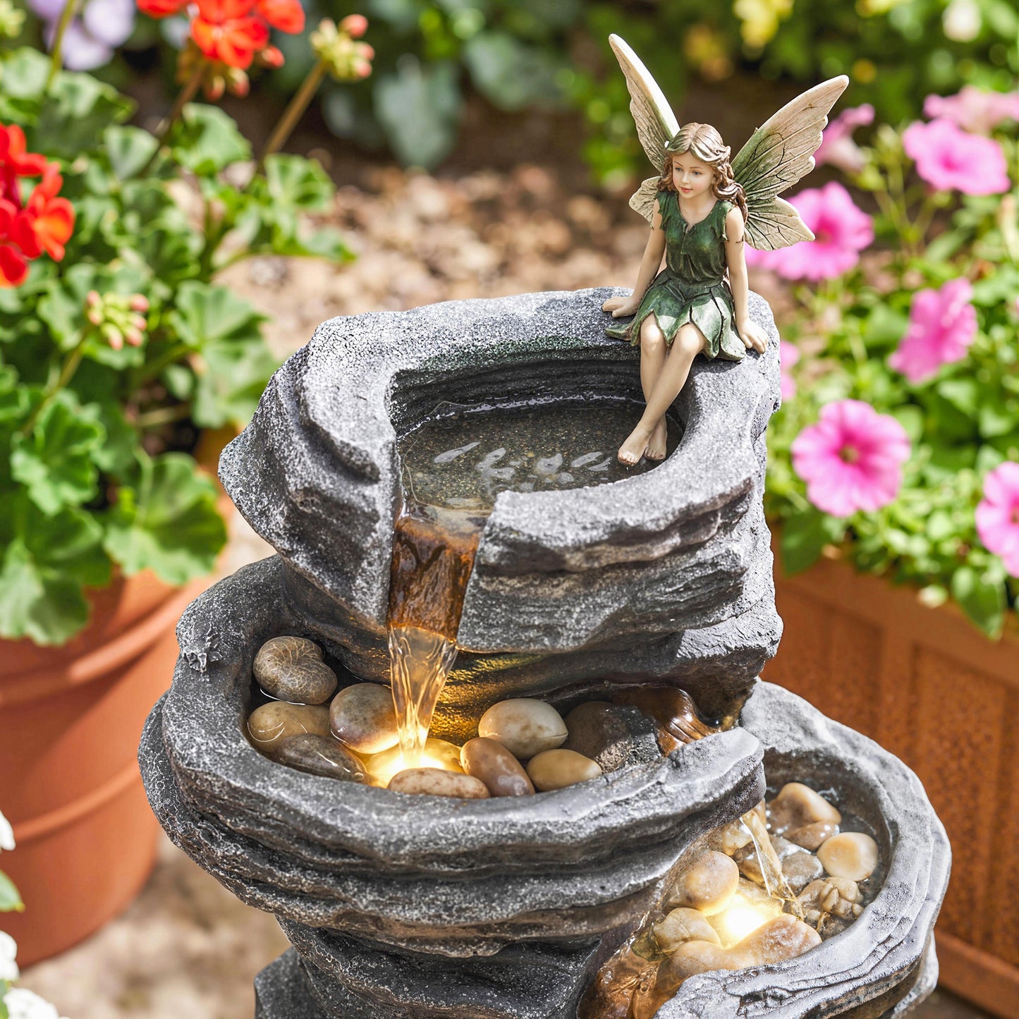Outdoor Fountain, 6-Tier Cascading Waterfall Feature with LED Lights