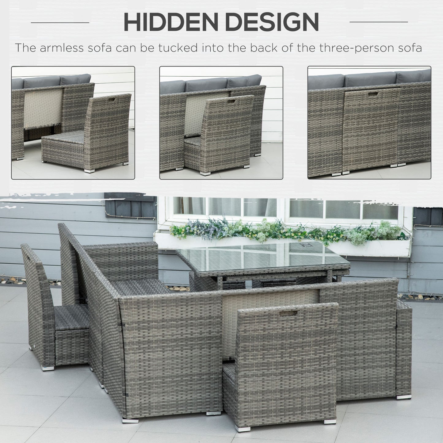 Seven-Piece Rattan Garden Sofa Set, with Expanding Table