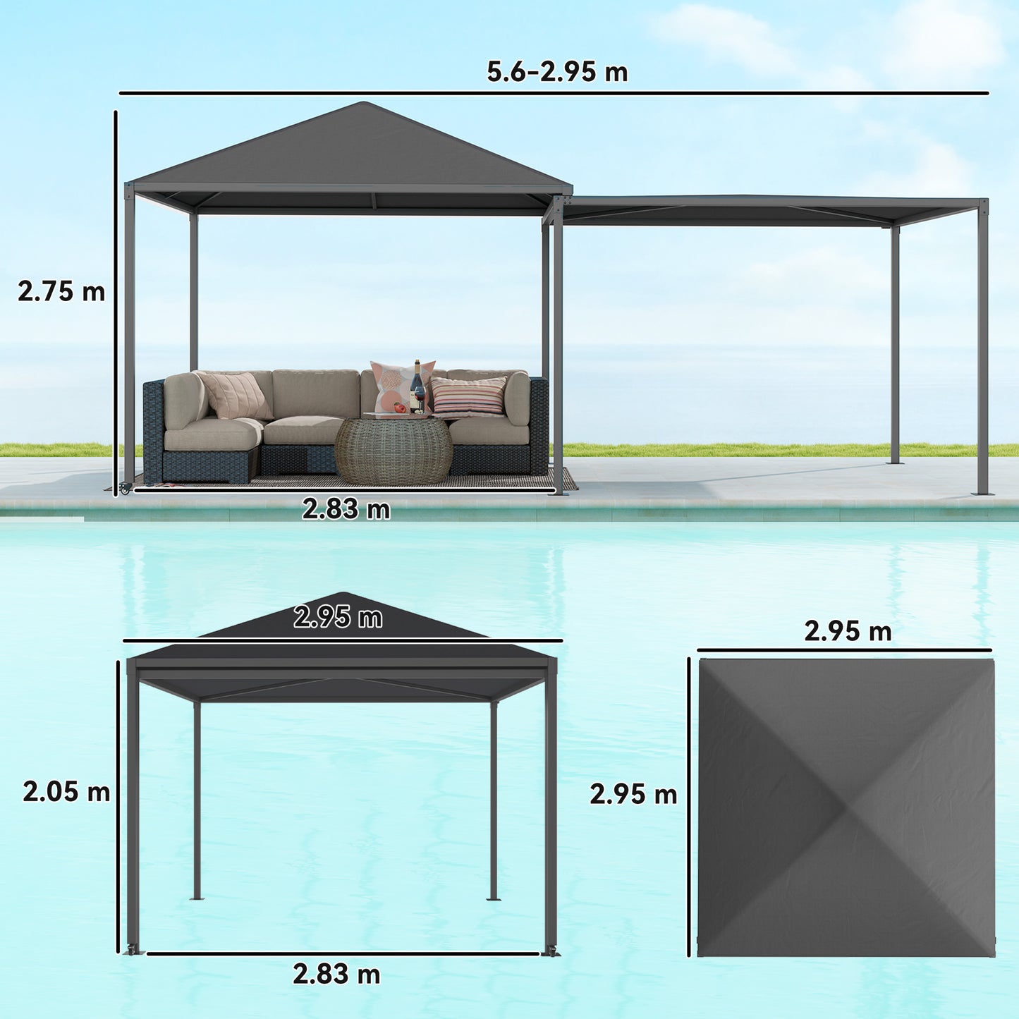 3 x 6m Garden Gazebo with Extendable Awning and Wheels