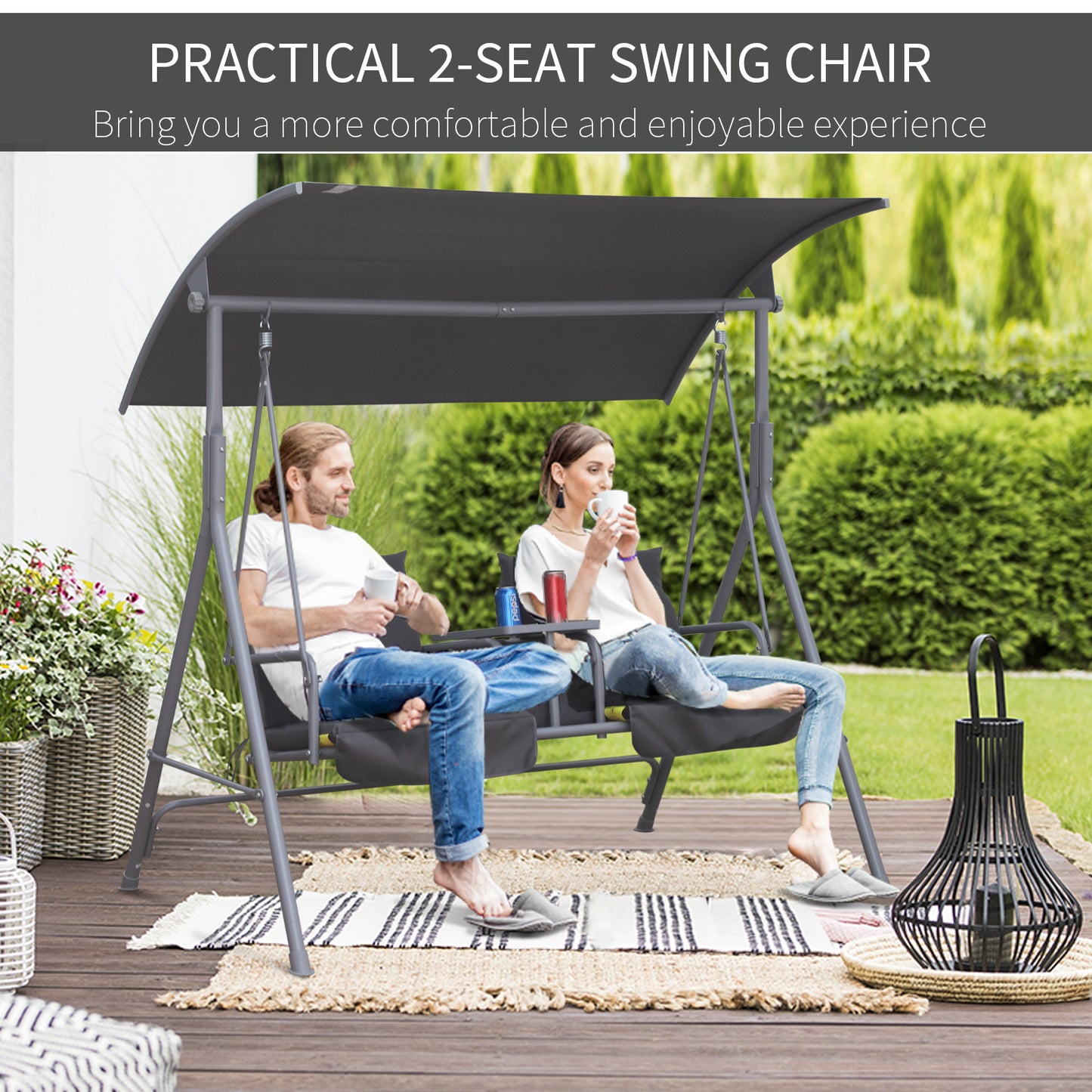 Steel Frame 2-Seater  Swing Chair w/ Table