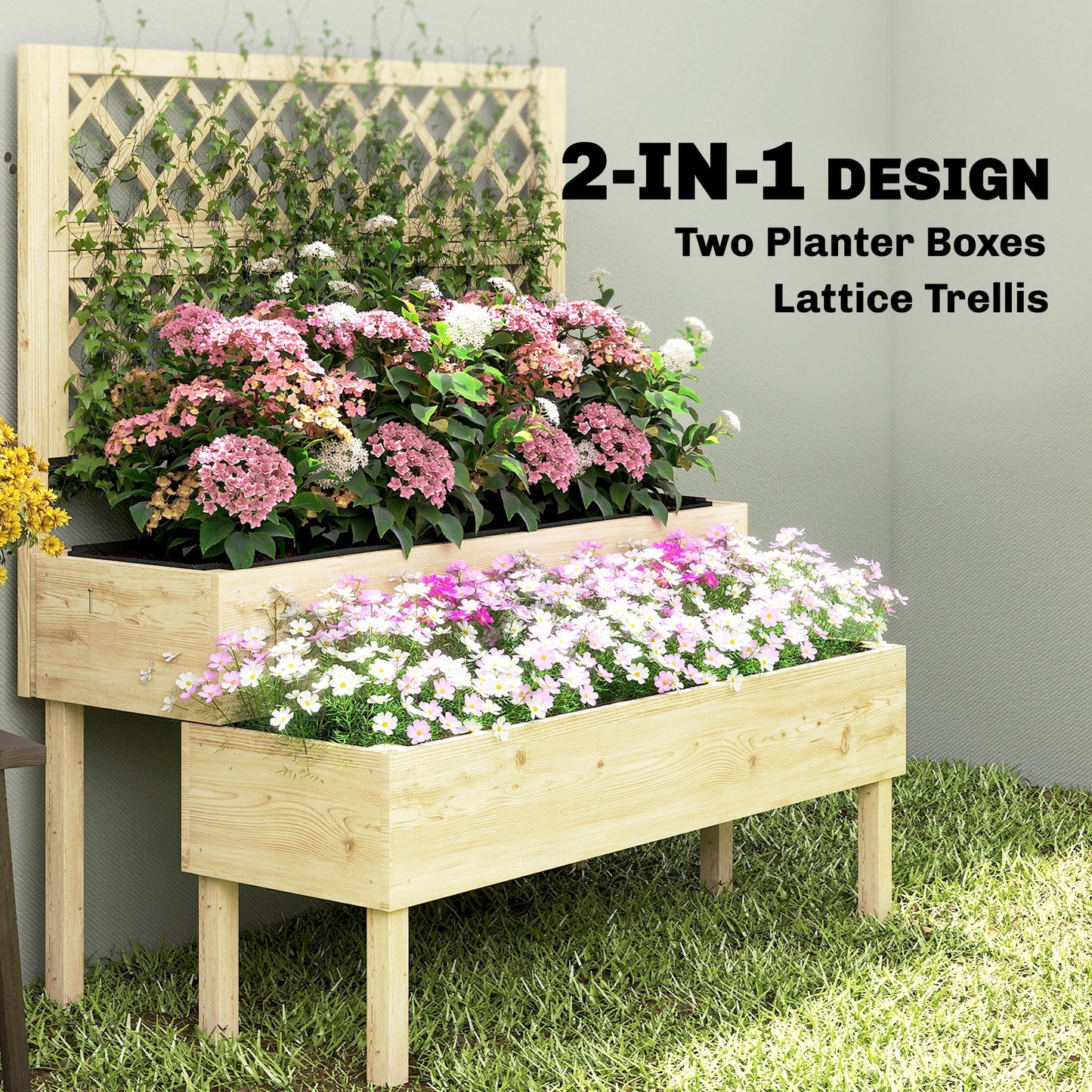 Raised Garden Bed 2-Tier Stepped Design Planter Box with Trellis