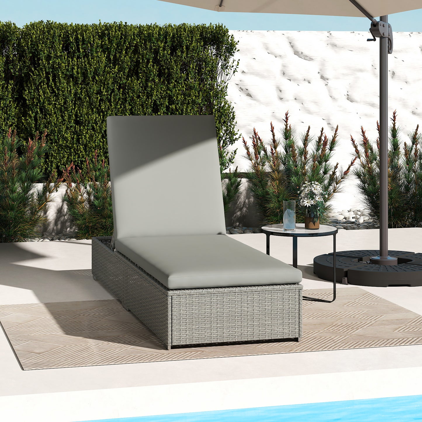 Rattan Sun Lounger, Five-Position Reclining Garden Lounger Bed