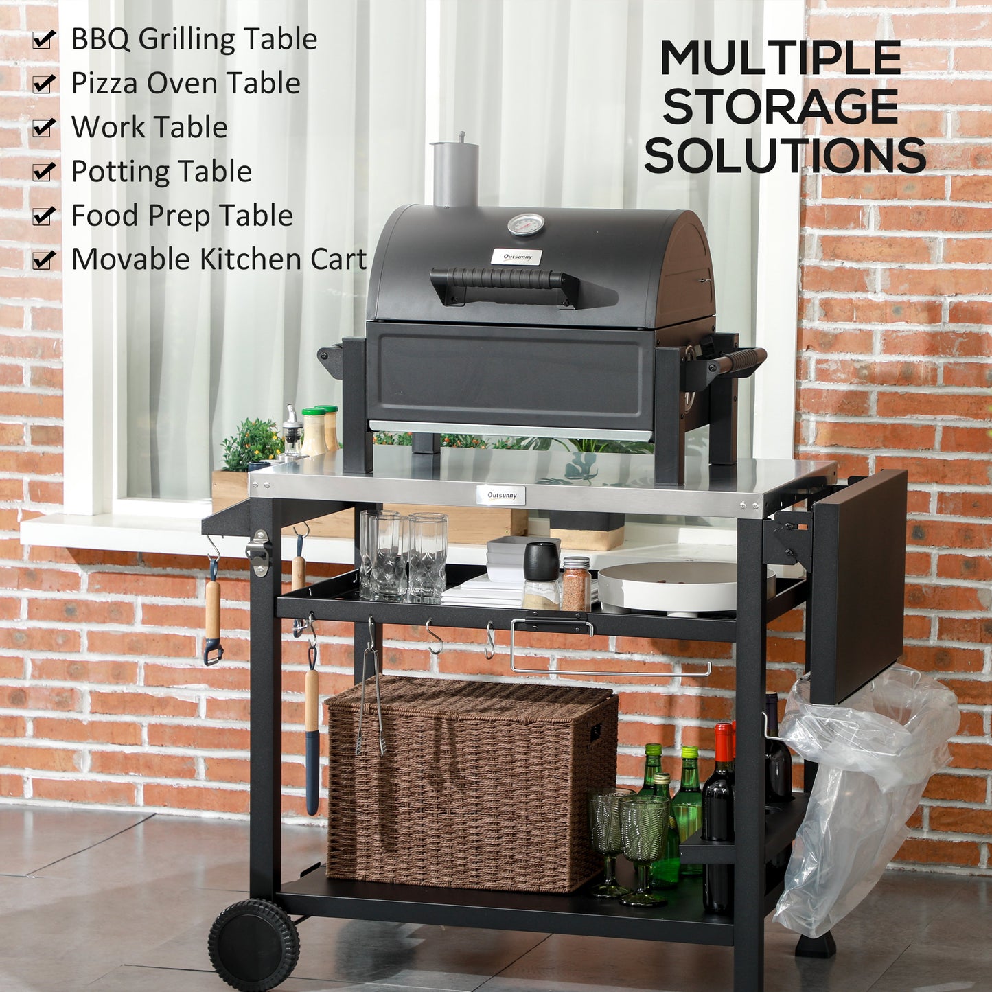 Multi-Feature BBQ Grill Table, with Stainless Steel Top