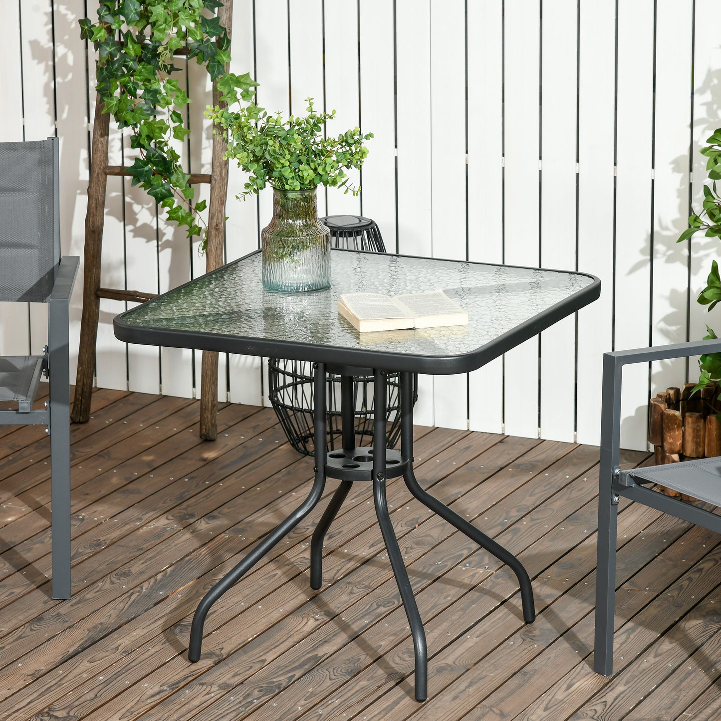 Square Garden Dining Table with Tempered Glass Top & Umbrella Hole