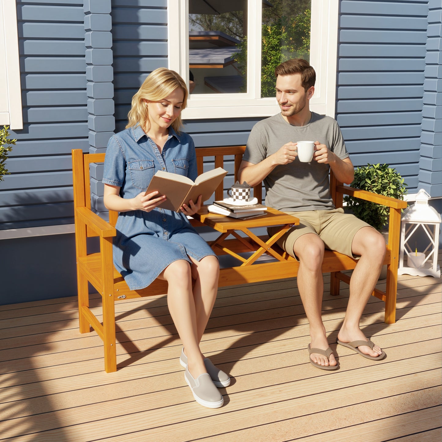 Wooden Bench with Liftable Middle Table, Outdoor Bench