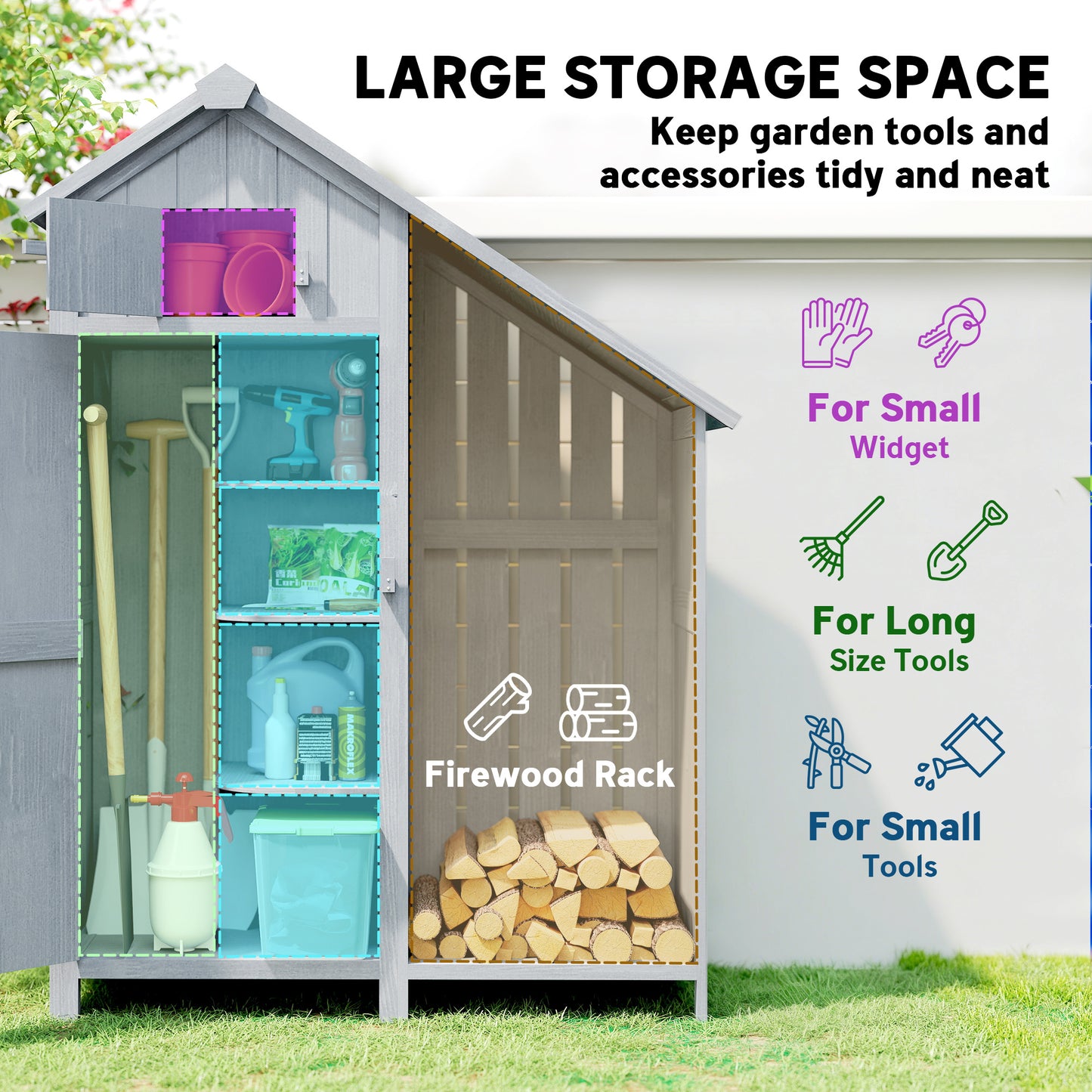 Garden Outdoor Storage Shed 3 Shelves Tilt Roof w/ Firewood Rack