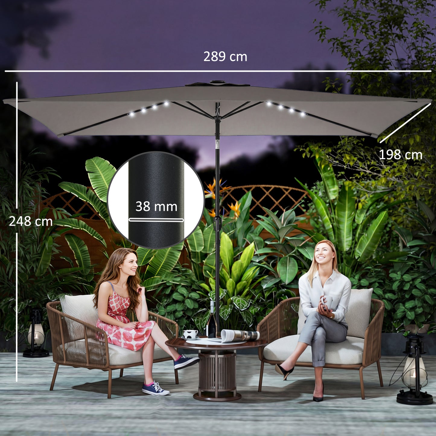 3 x 2 m Garden Parasol Umbrella with LED Solar Light, Parasol Cover