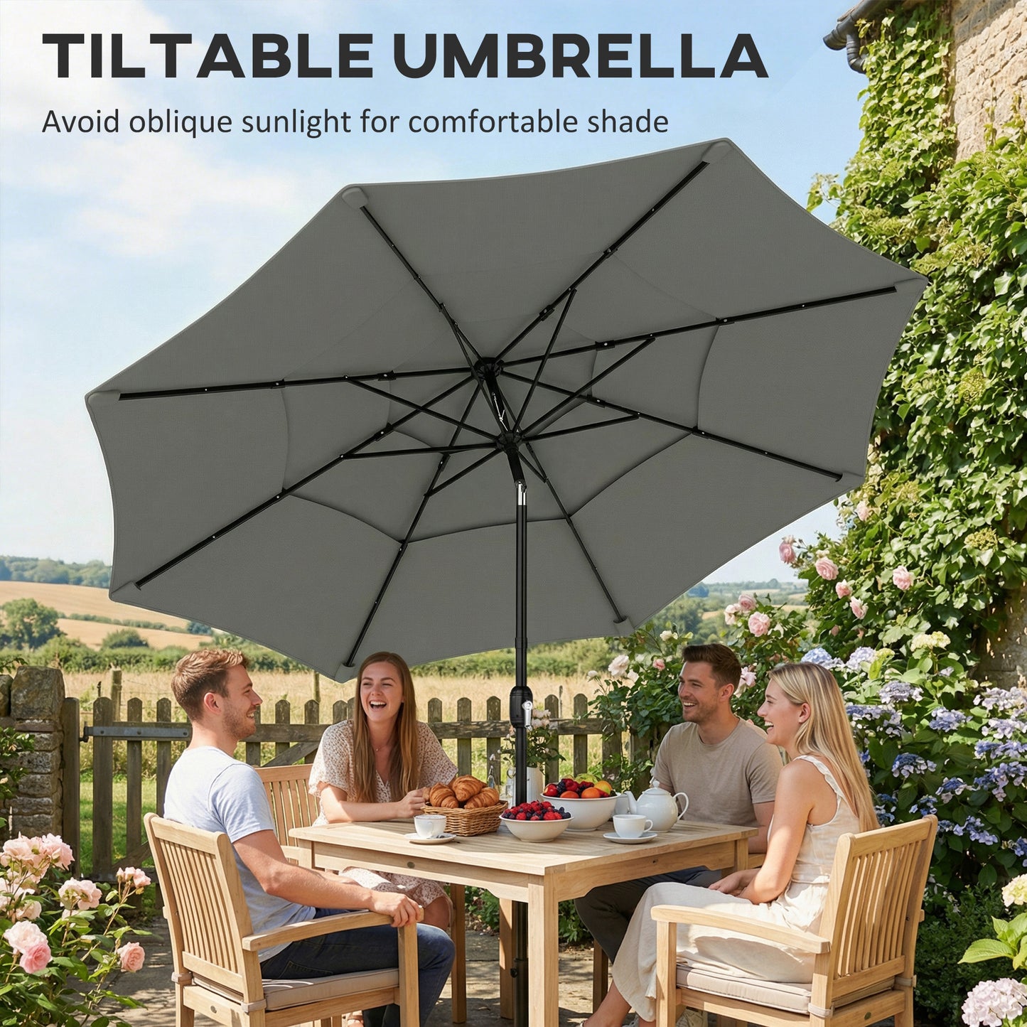Garden Parasol, Parasol Umbrella with 3-tier Roof, Crank Handle