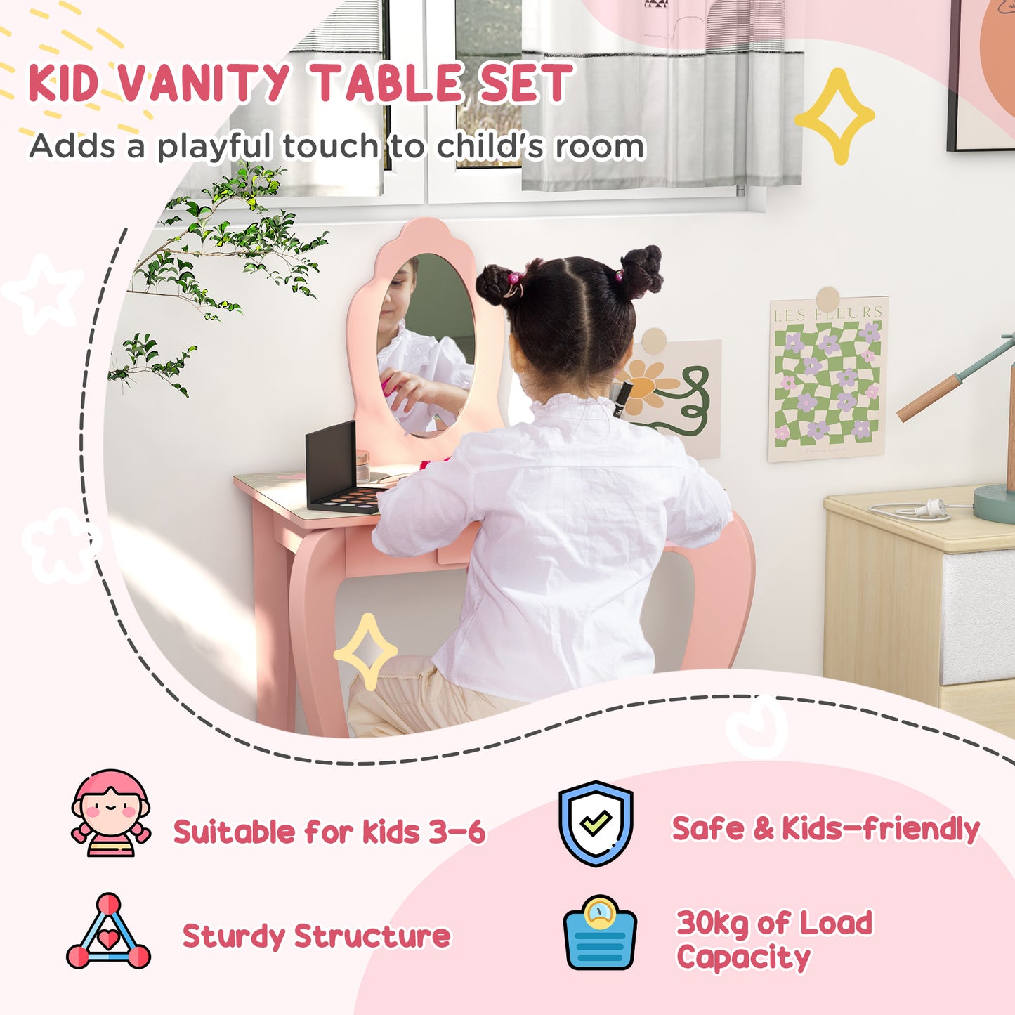 Toddler Bed Frame, Kids Dressing Table with Mirror and Stool