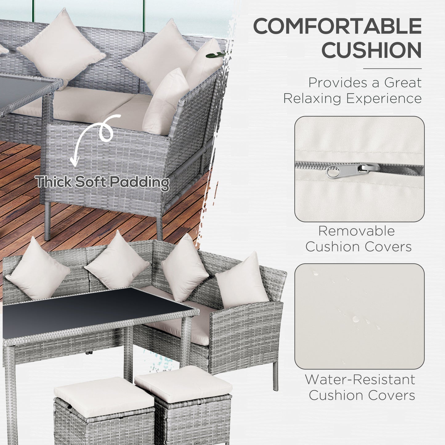 6-Seater Rattan Dining Set Sofa Table Footstool Outdoor w/ Cushion