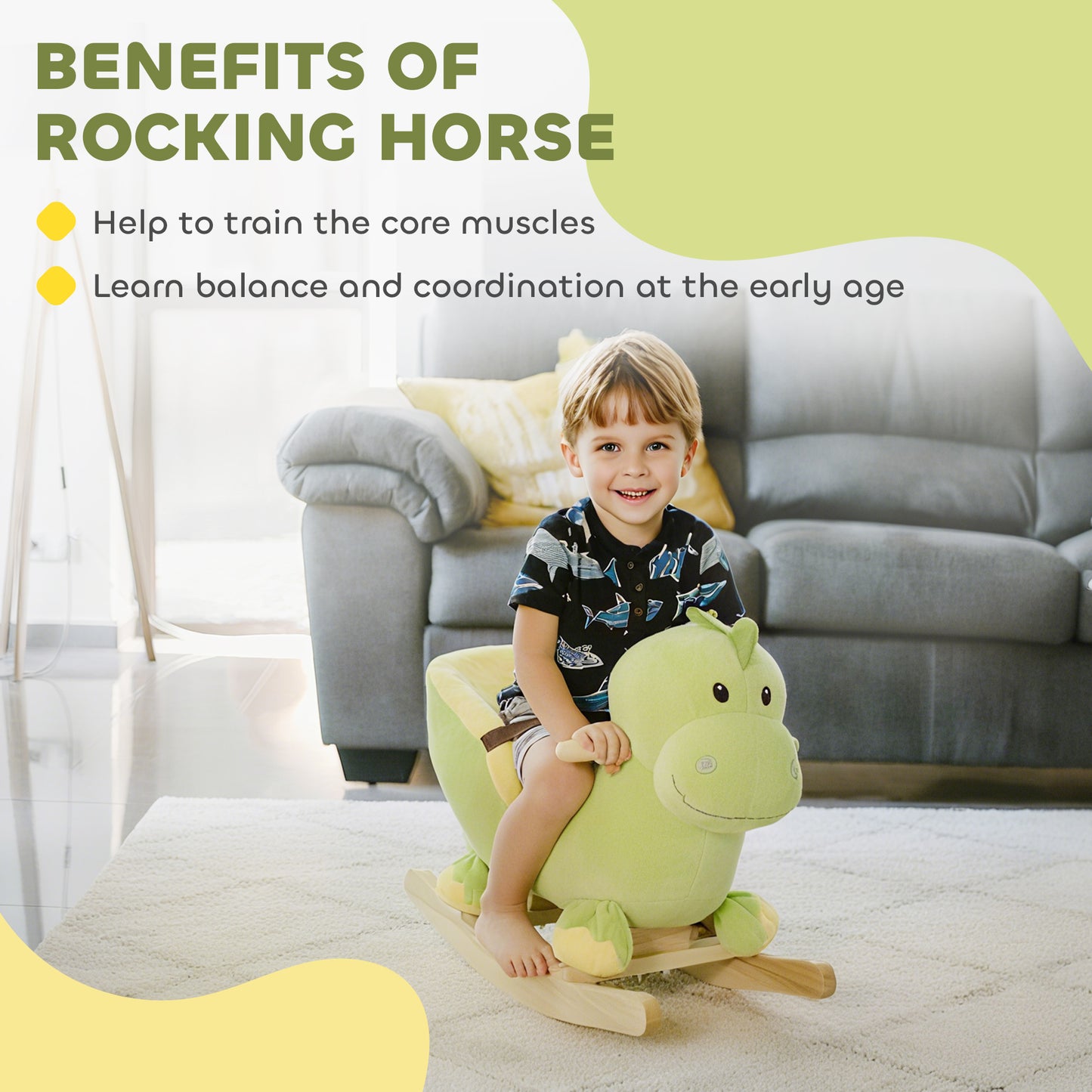 Kids Rocking Horse, Plush Ride-On Dinosaur Seat, with Seat Seat Belt