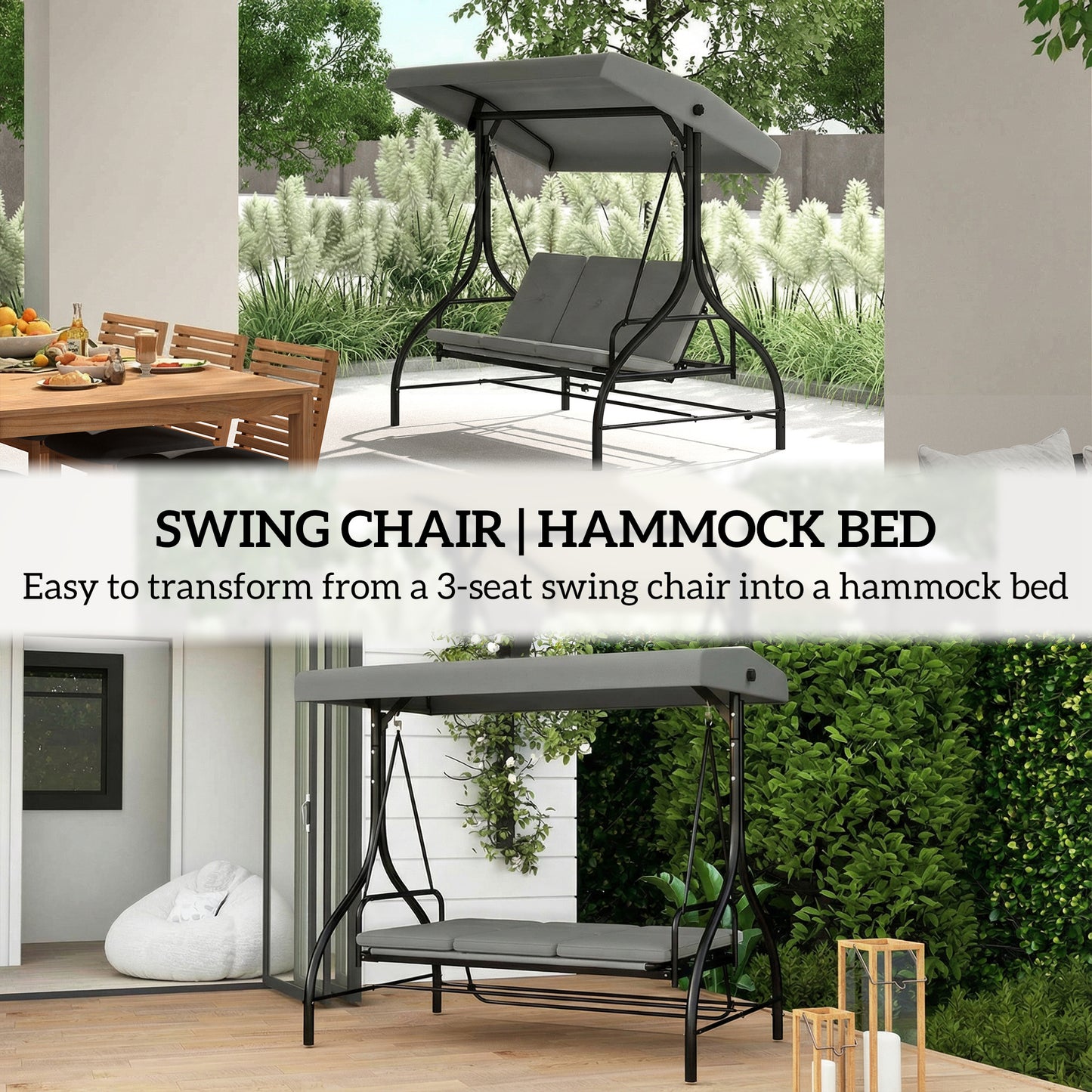 3 Seater Canopy Swing Chair, 2 in 1 Garden Swing Seat Bed