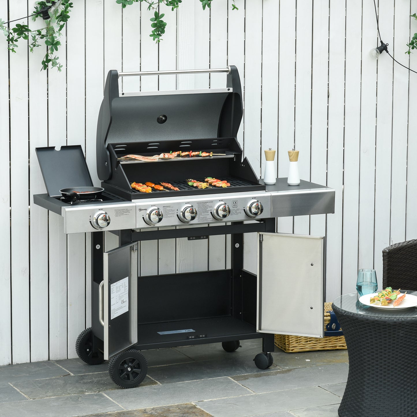 Gas Barbecue Grill 4+1 Burner Garden Smoker BBQ Trolley w/ Side