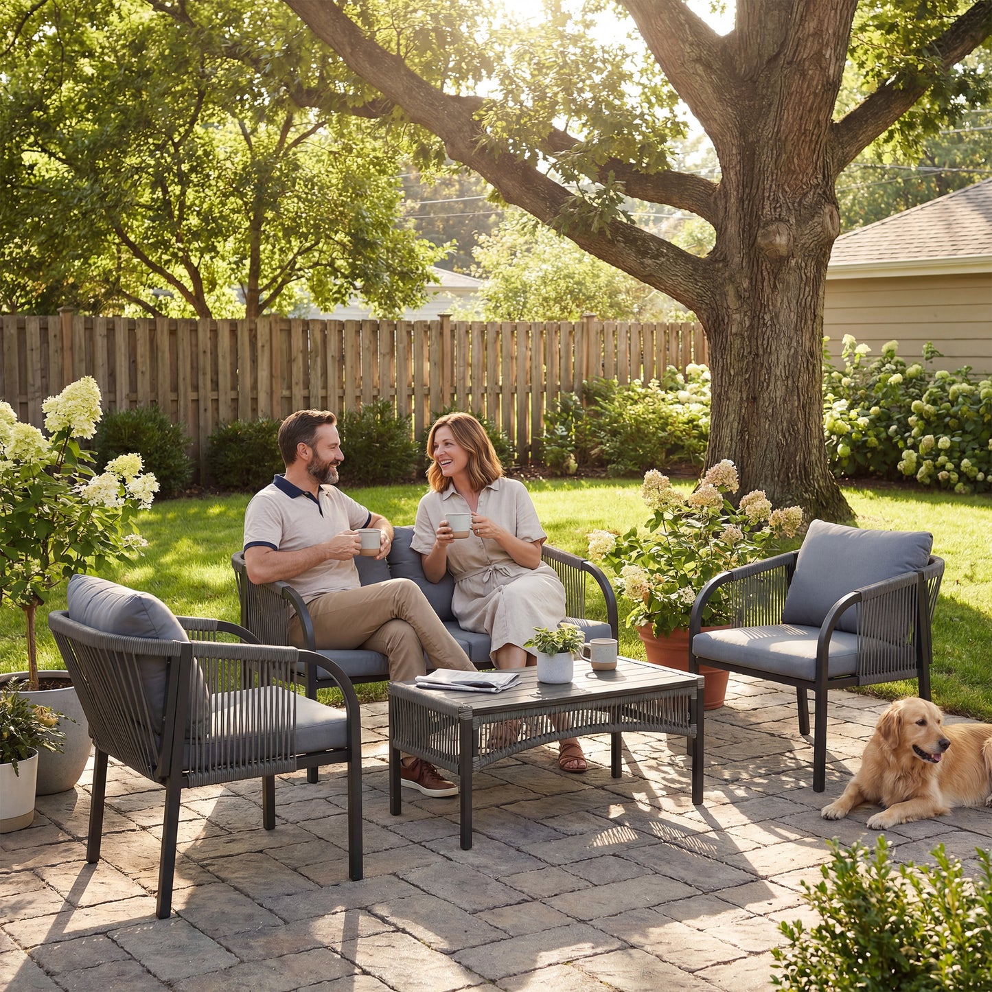 4 Piece Rattan Garden Furniture Set with Loveseat, Armchairs, Table