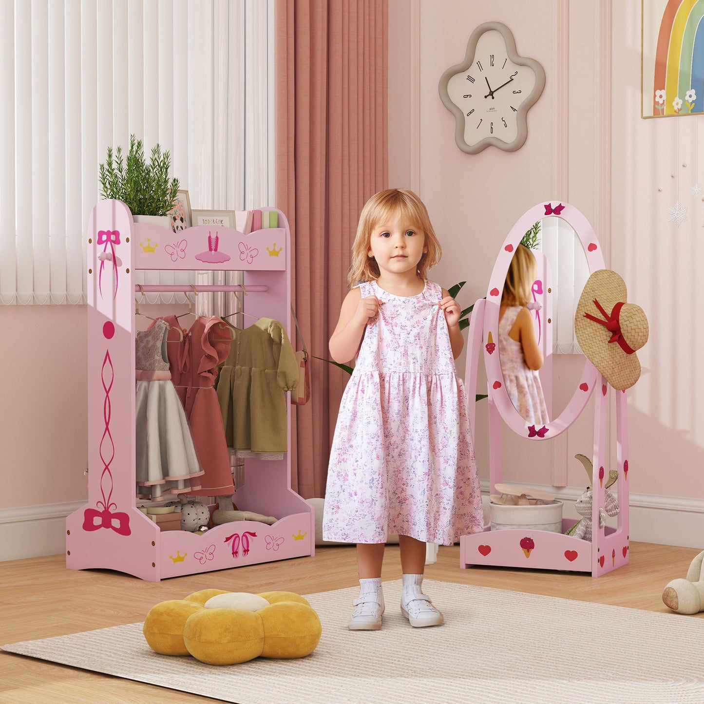 Kids Clothes Rail, Kids Dressing Mirror with 360° Rotating