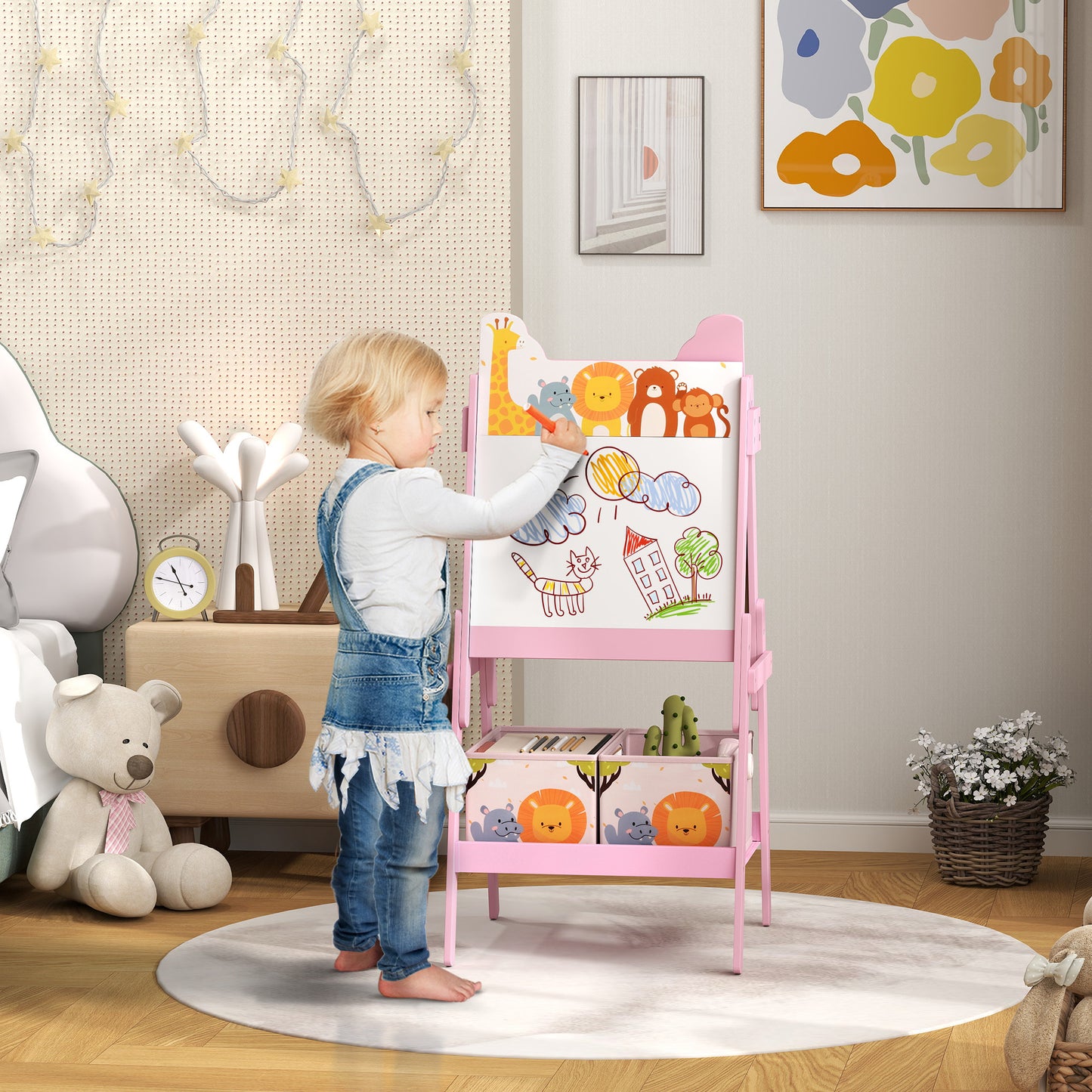 2 in 1 Kids Easel with Whiteboard, Chalkboard, Storage Boxes