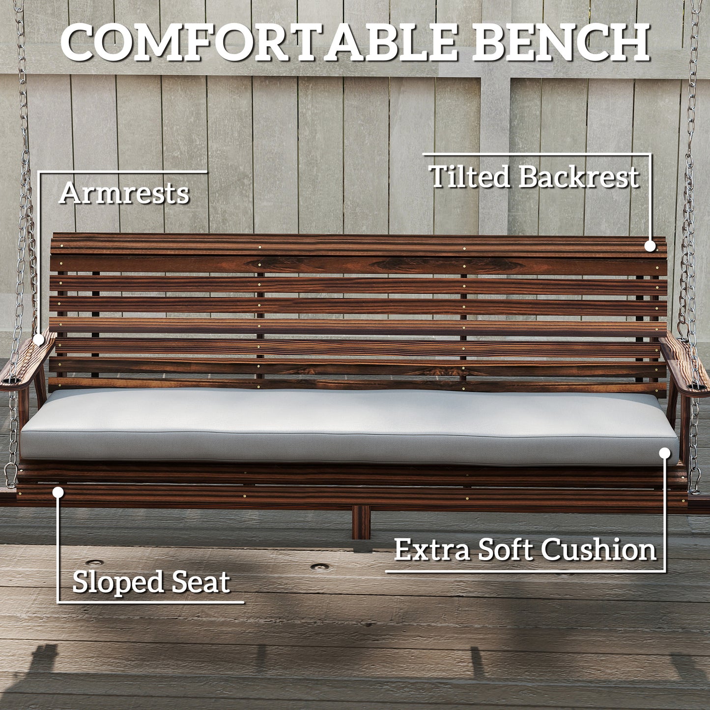 3 Seater Garden Swing Seat, Wooden Swing Chair Bench with Cushion
