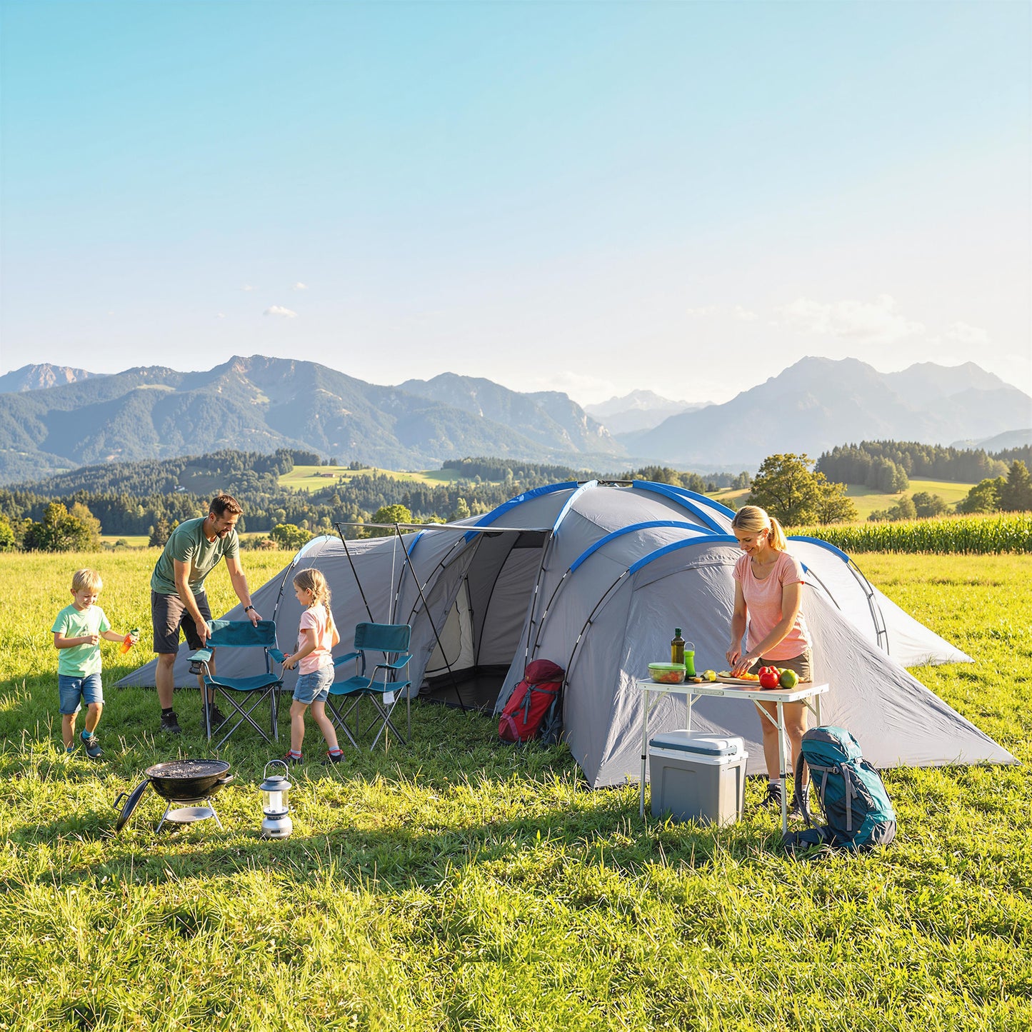 6-9 Man Large Tunnel Tent with 3 Bedrooms, Living Area and Porch