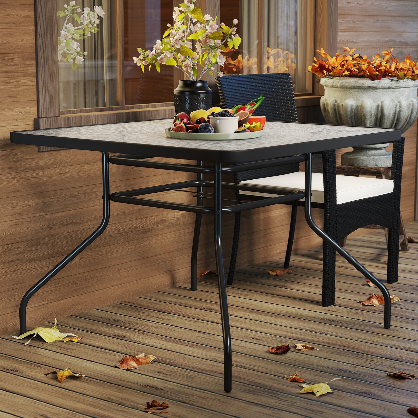 Square Garden Dining Table with Tempered Glass Top & Umbrella Hole (1)