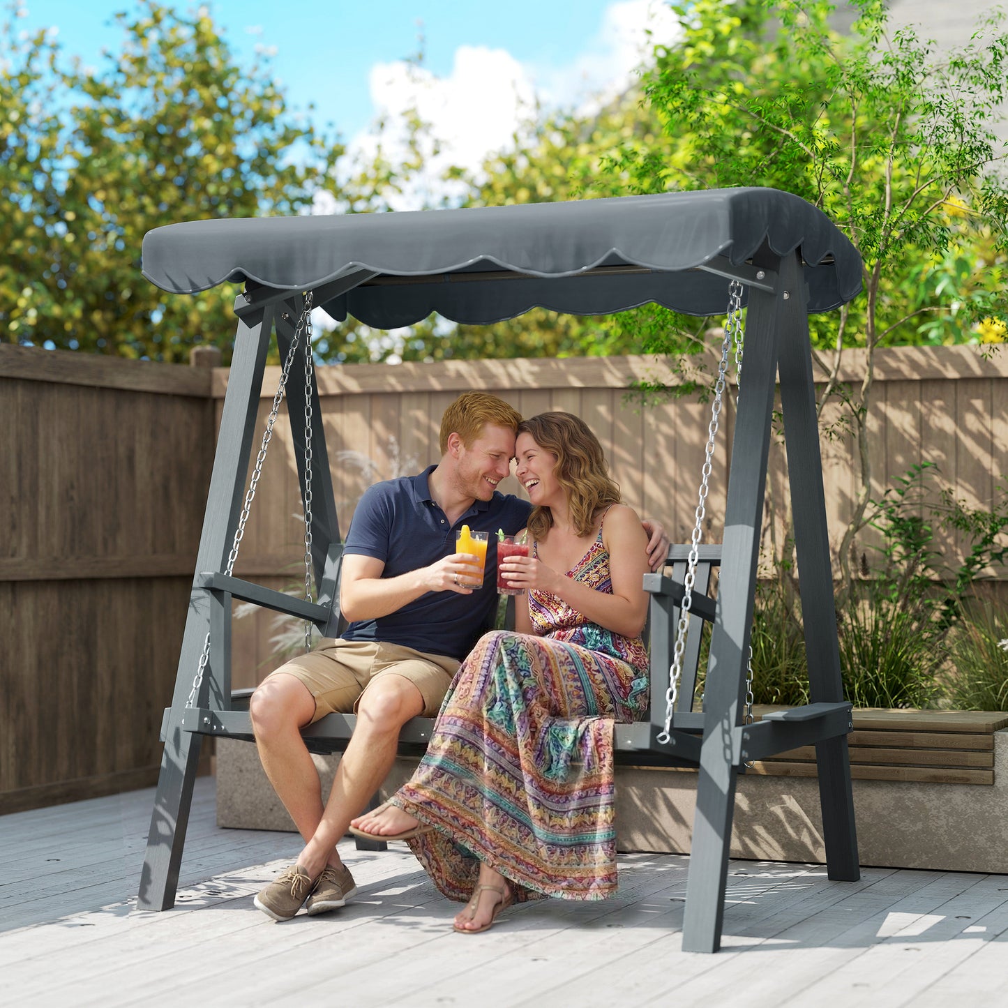 2 Seater Garden Swing Seat with Canopy, Wooden Swing Chair