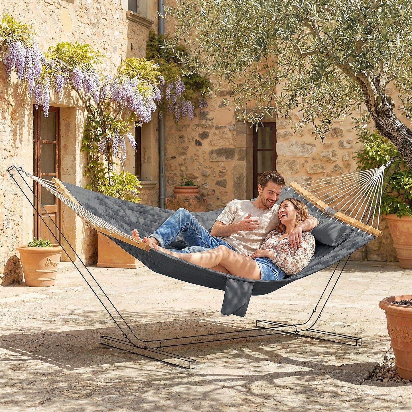 Double Hammock 2 Person Swing Bed with Spreader Bars, Pillows, Pad